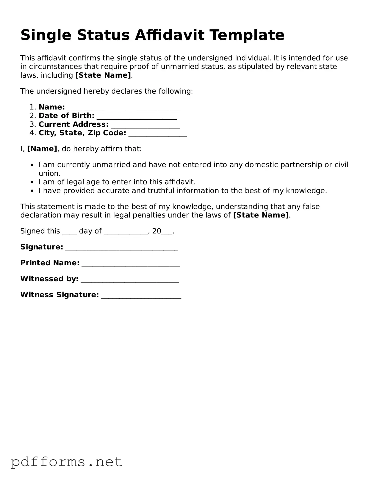 Official Single Status Affidavit Template