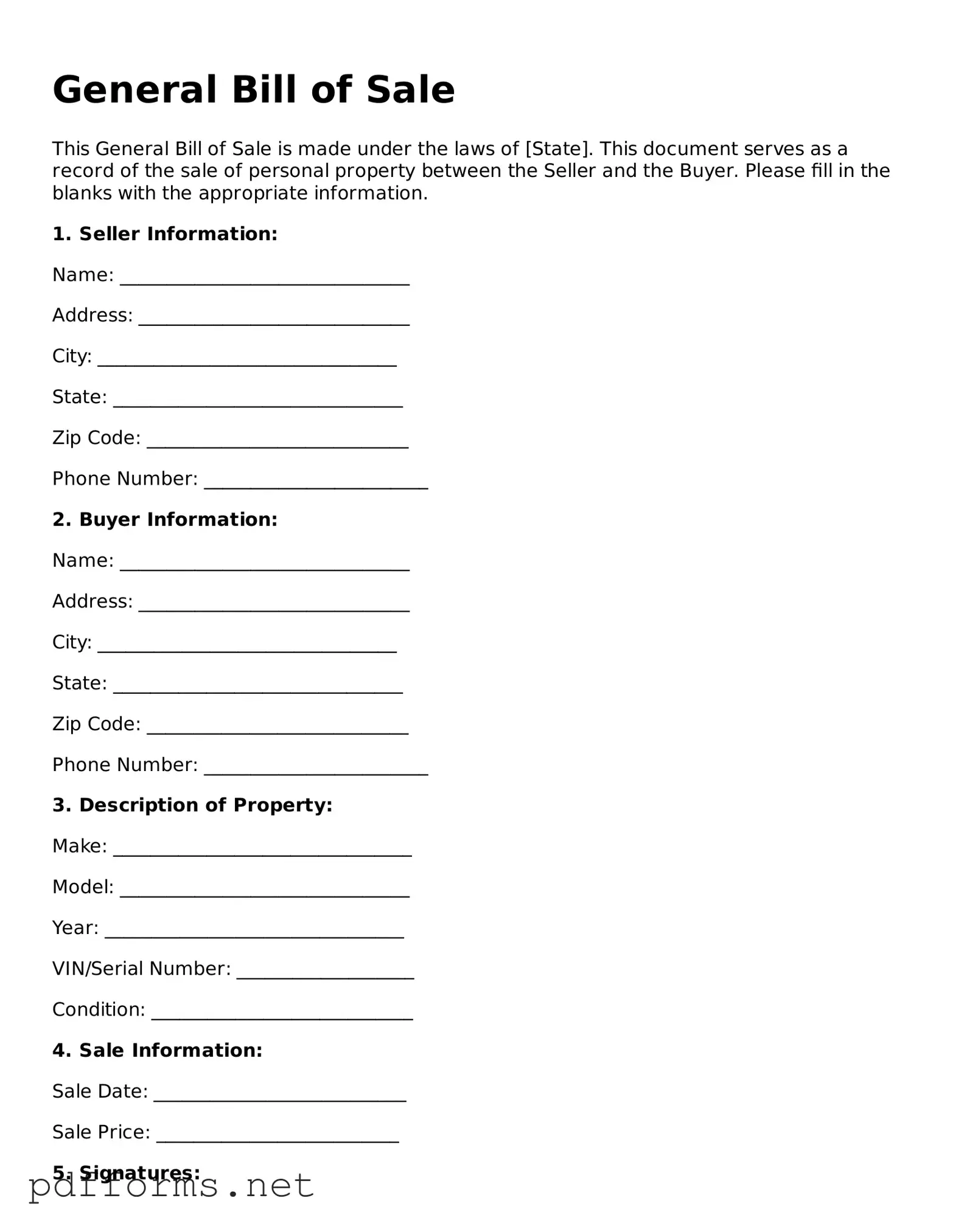 Official General Bill of Sale Template