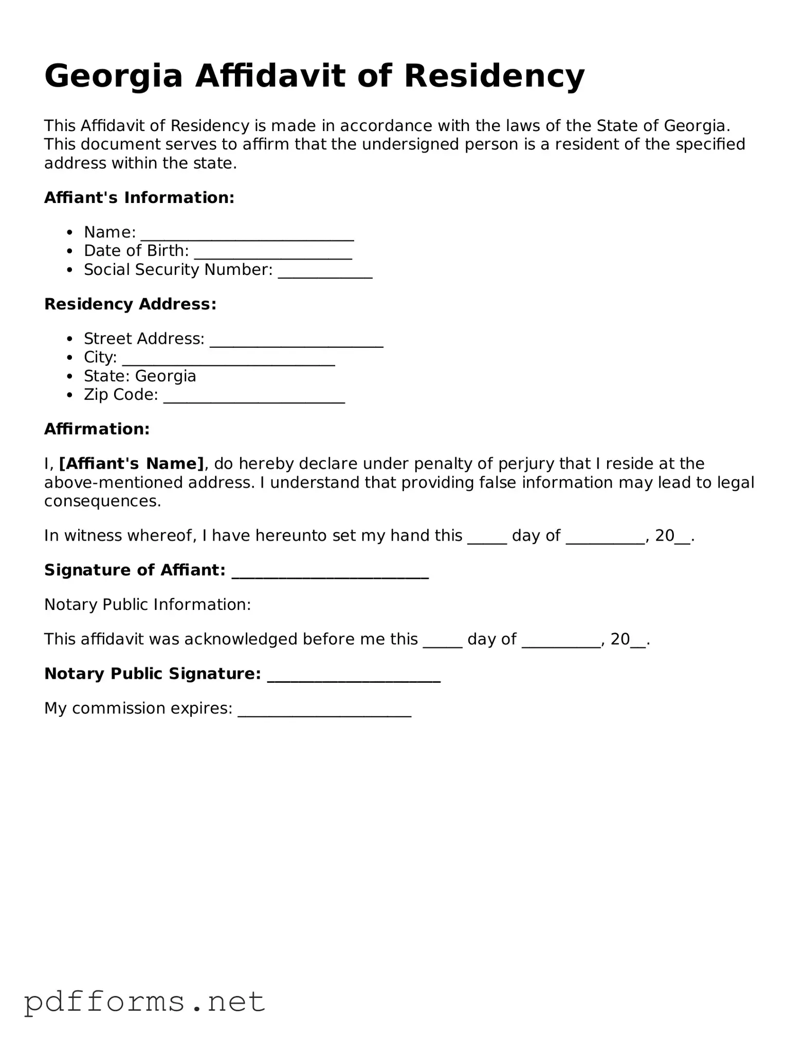Free  Affidavit of Residency Document for Georgia