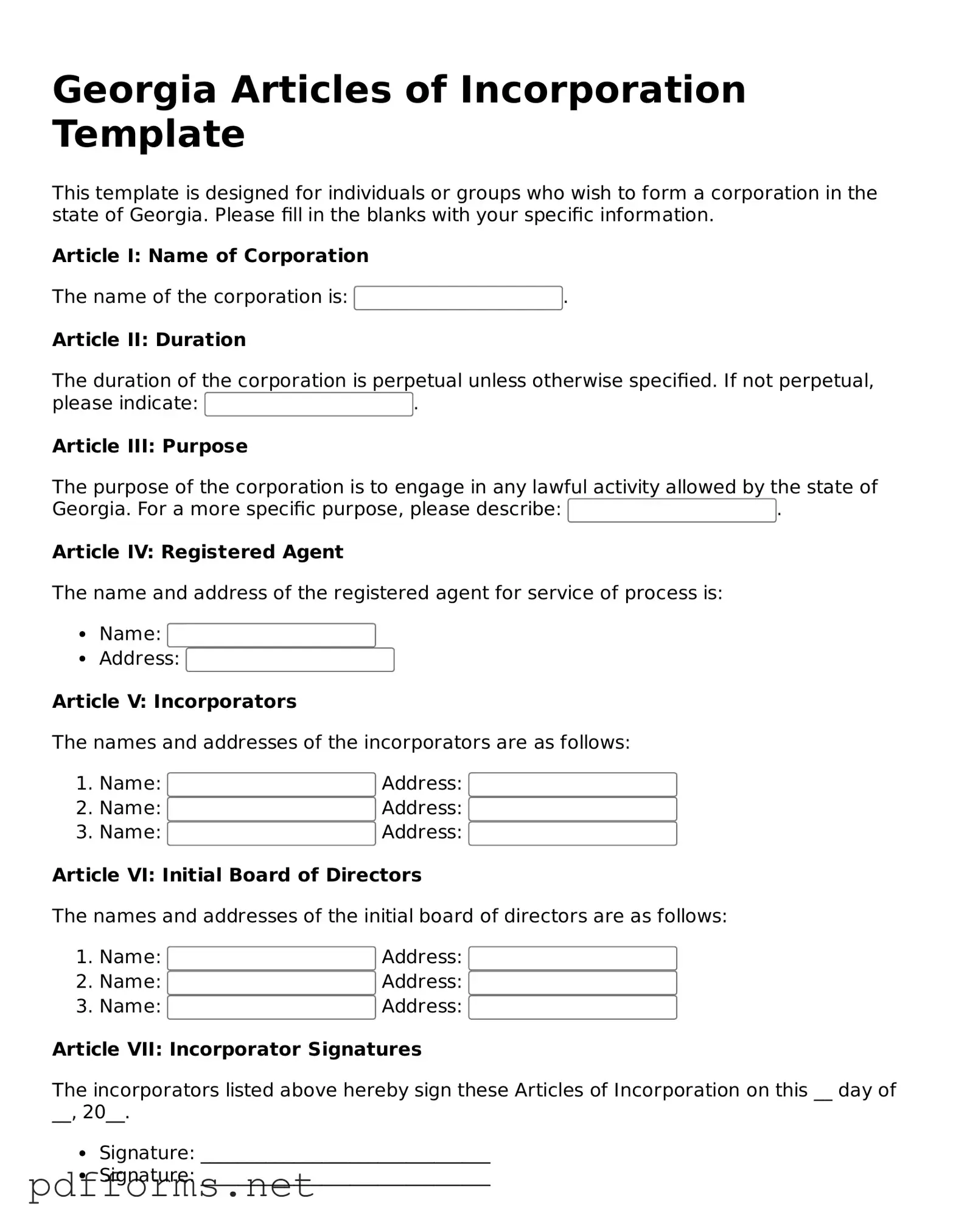Free  Articles of Incorporation Document for Georgia