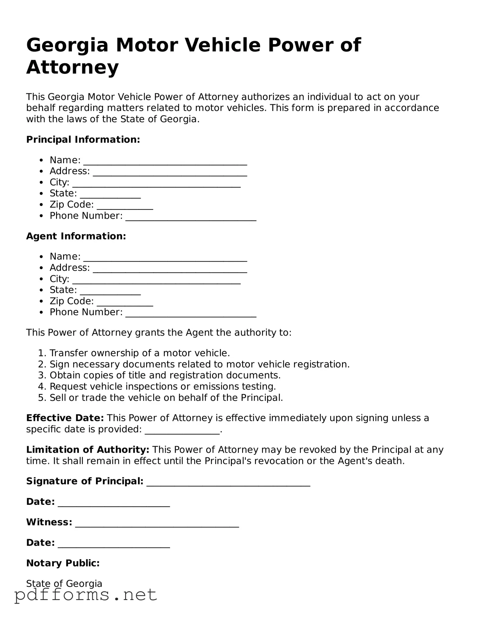 Free  Motor Vehicle Power of Attorney Document for Georgia