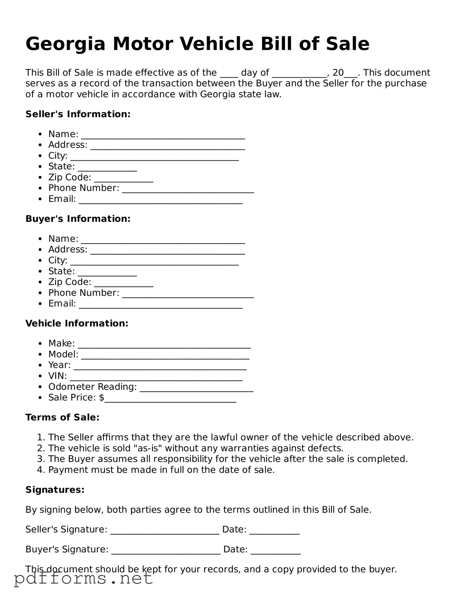 Free  Motor Vehicle Bill of Sale Document for Georgia