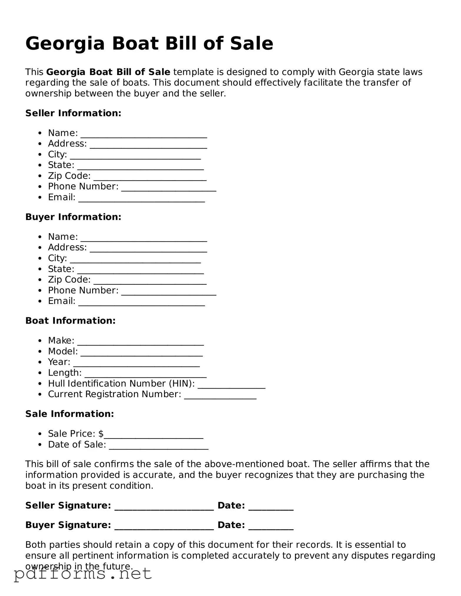 Free  Boat Bill of Sale Document for Georgia