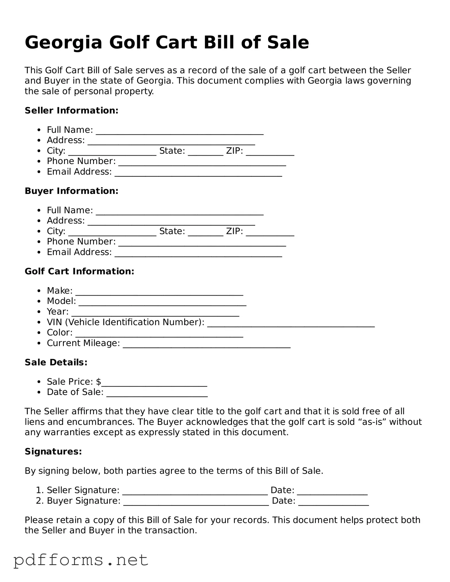 Free  Golf Cart Bill of Sale Document for Georgia