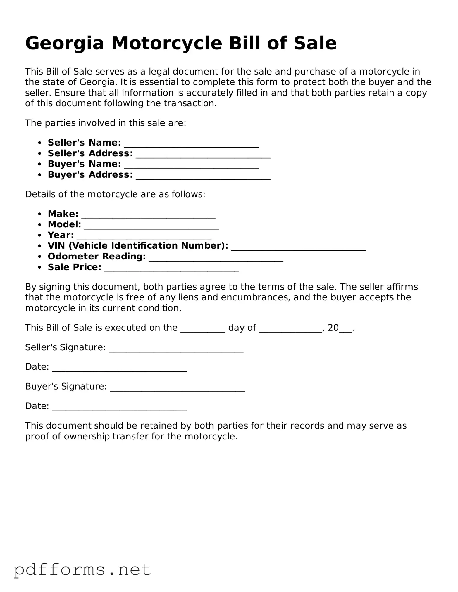 Free  Motorcycle Bill of Sale Document for Georgia