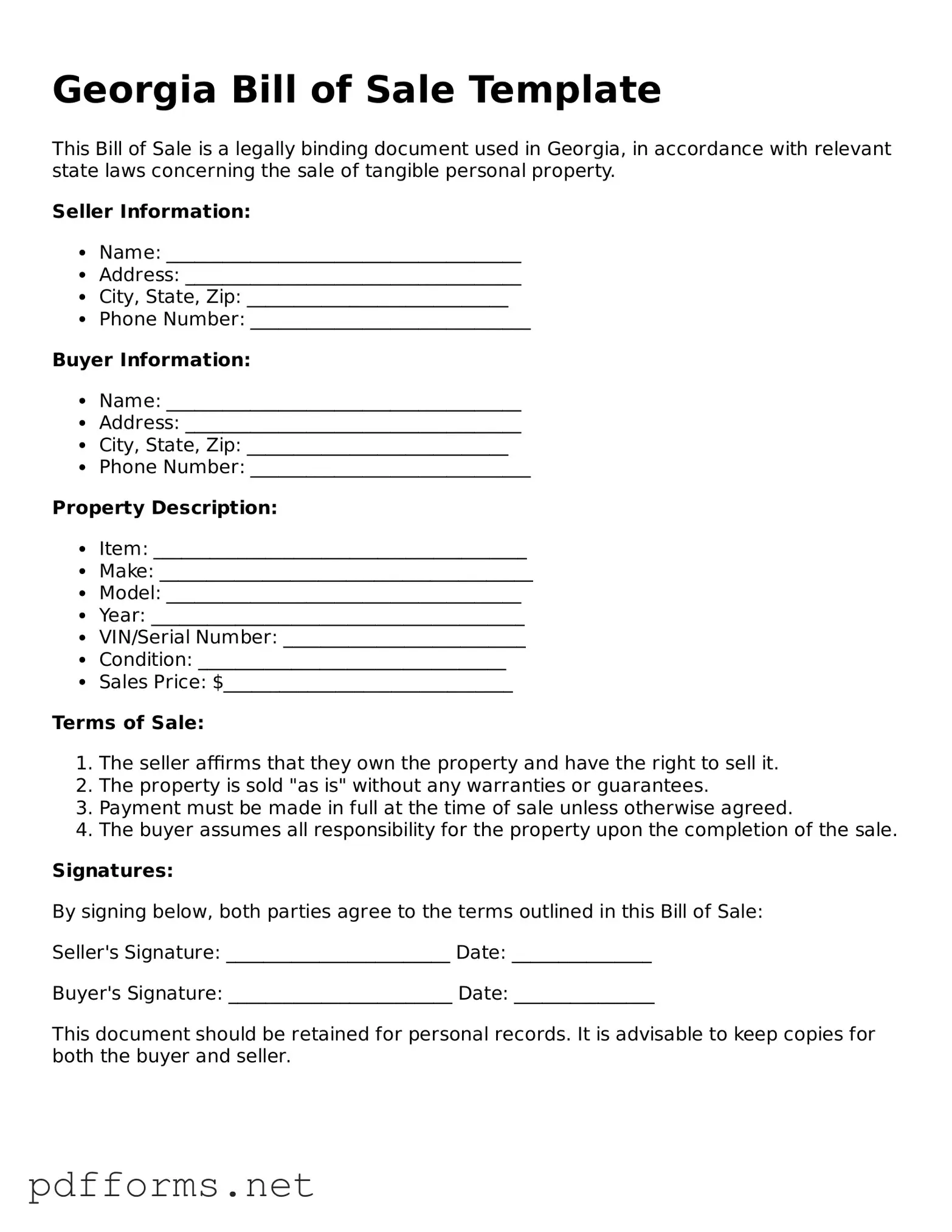 Free  Bill of Sale Document for Georgia