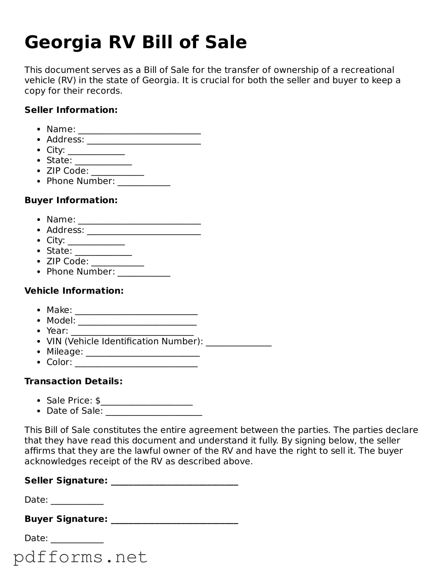 Free  RV Bill of Sale Document for Georgia