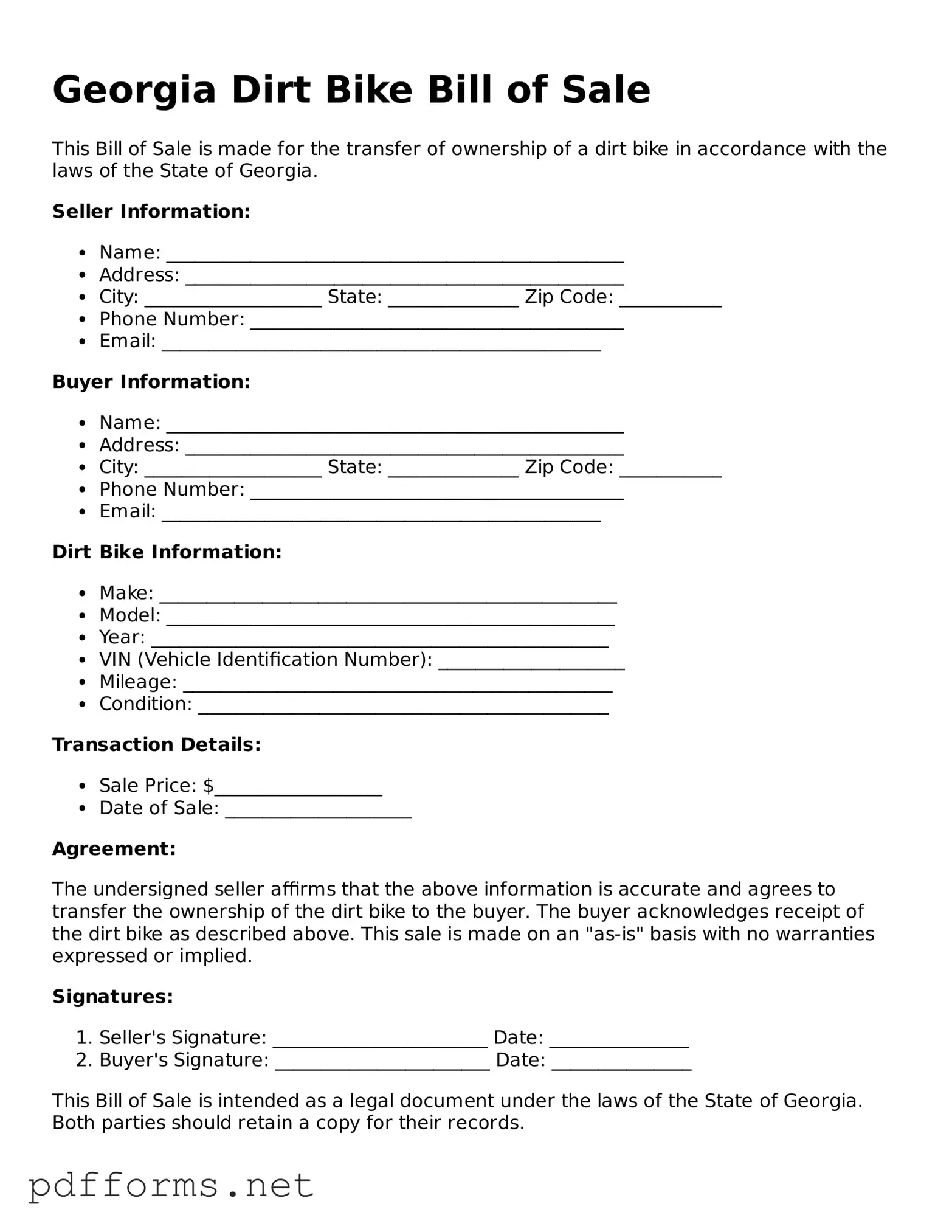 Free  Dirt Bike Bill of Sale Document for Georgia