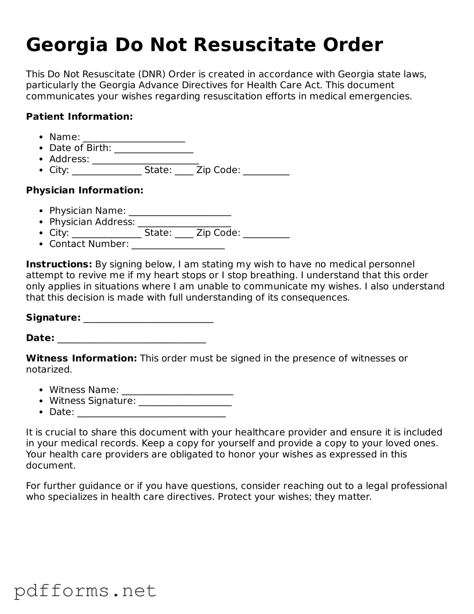 Free  Do Not Resuscitate Order Document for Georgia