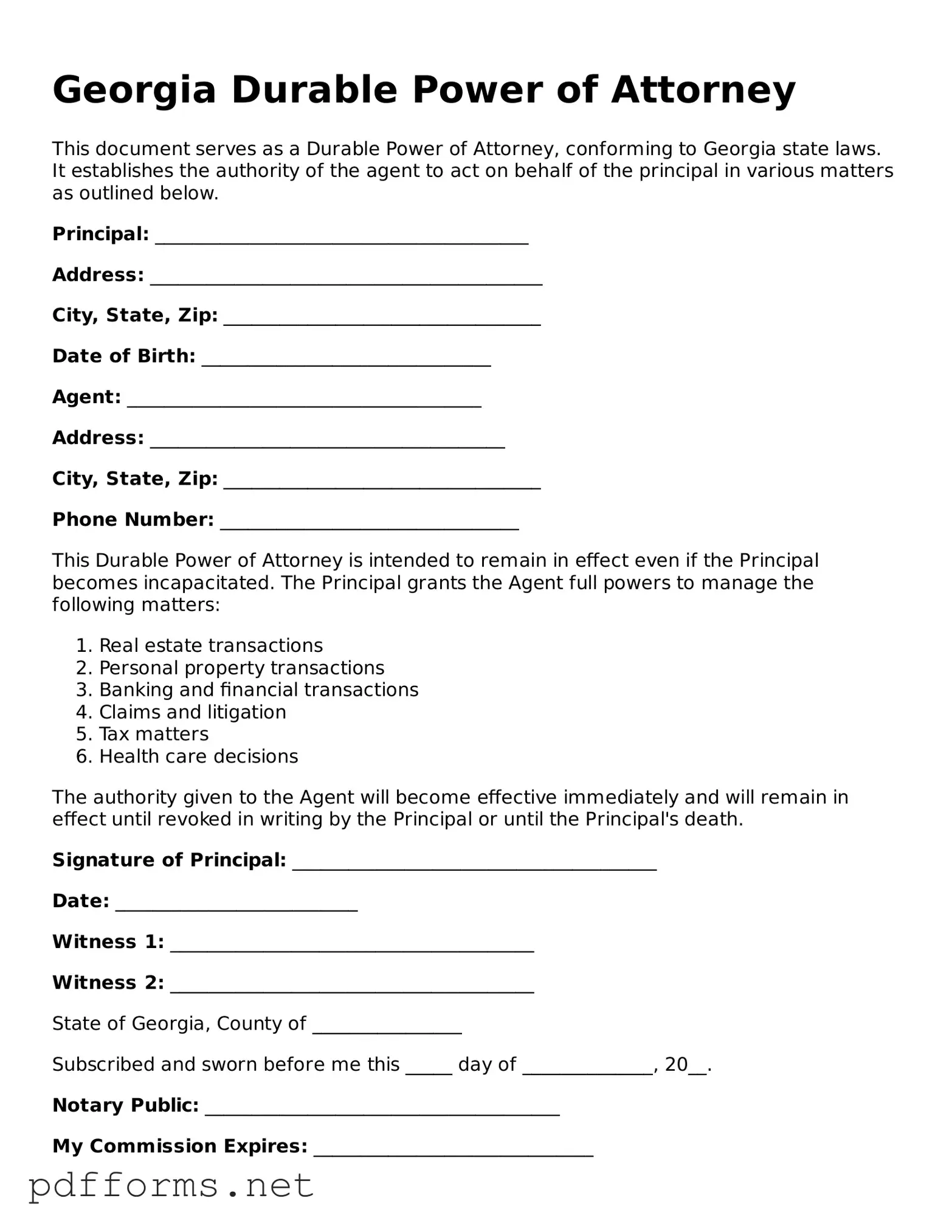 Free  Durable Power of Attorney Document for Georgia
