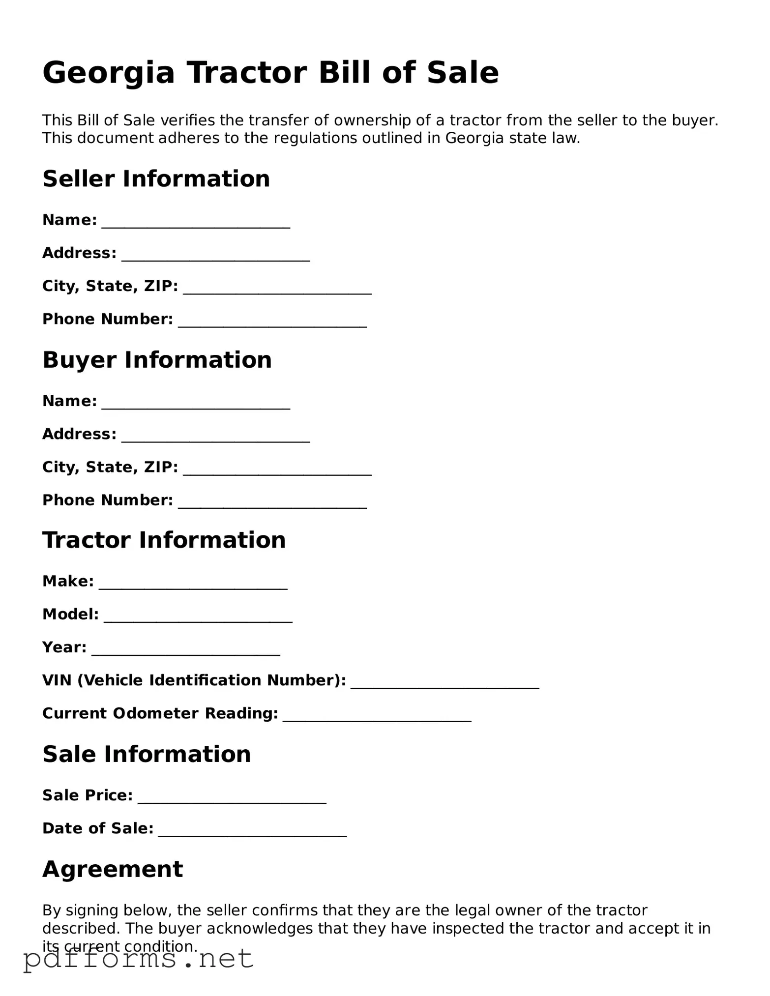 Free  Tractor Bill of Sale Document for Georgia