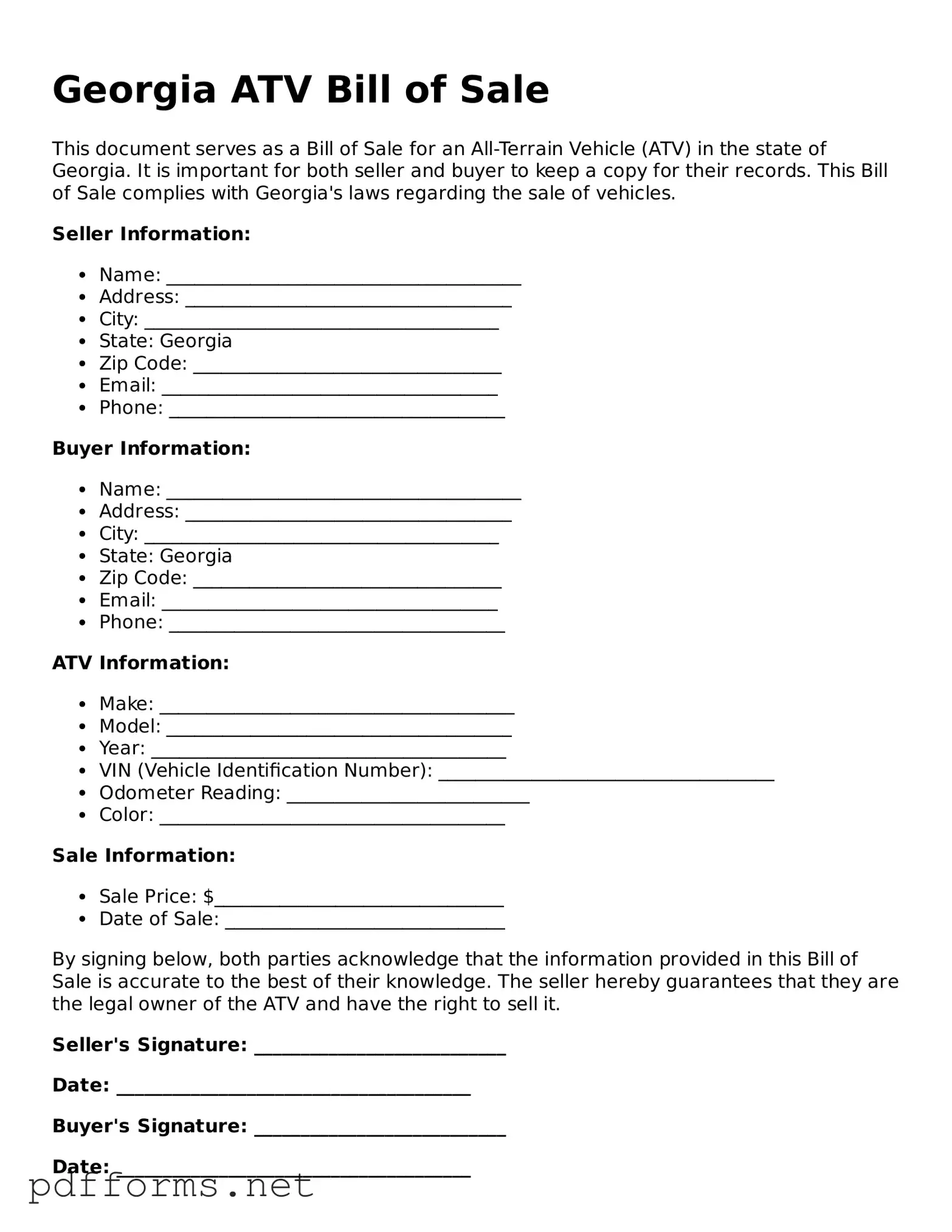 Free  ATV Bill of Sale Document for Georgia