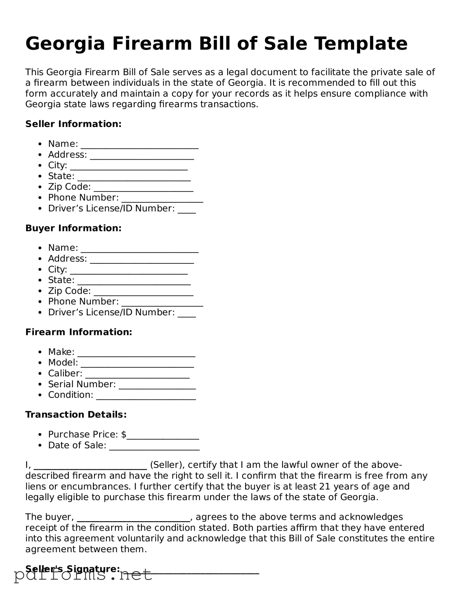 Free  Firearm Bill of Sale Document for Georgia