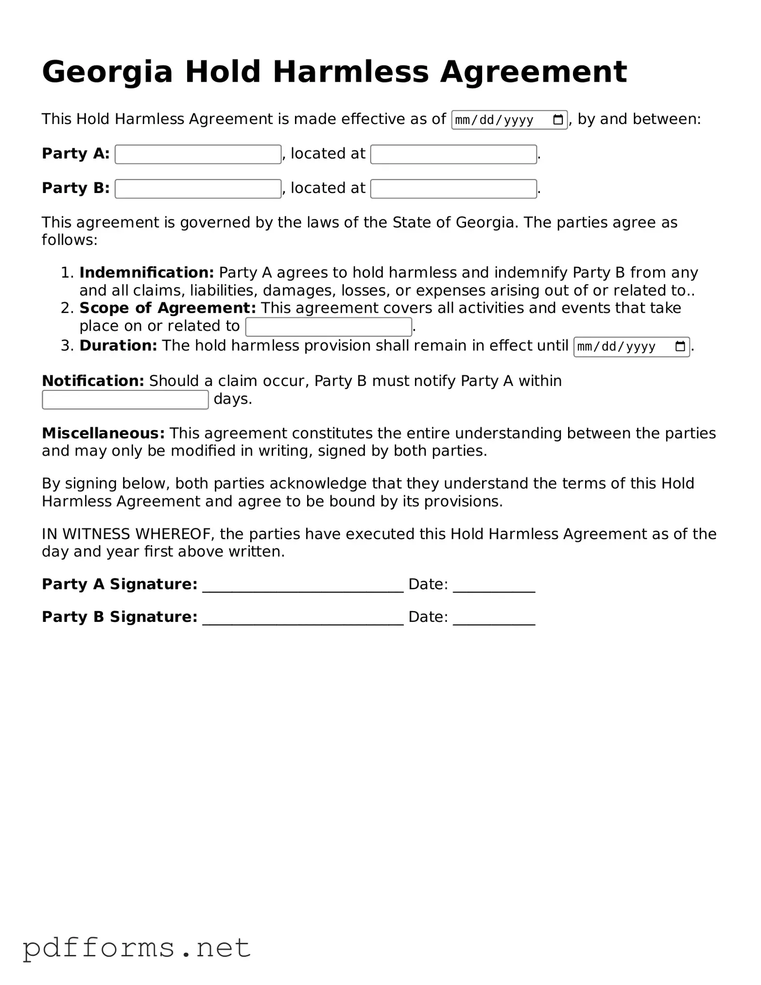 Free  Hold Harmless Agreement Document for Georgia