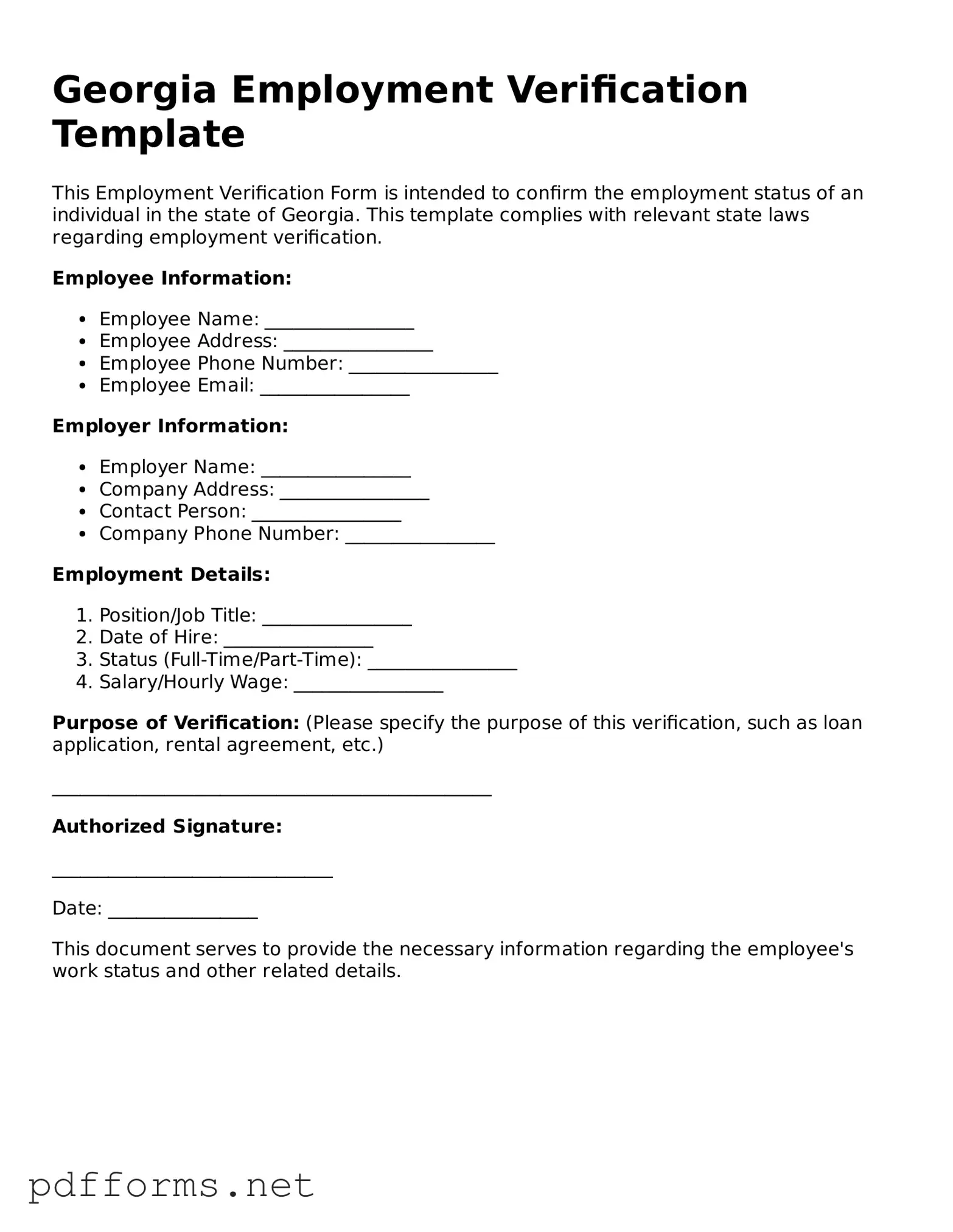 Free  Employment Verification Document for Georgia