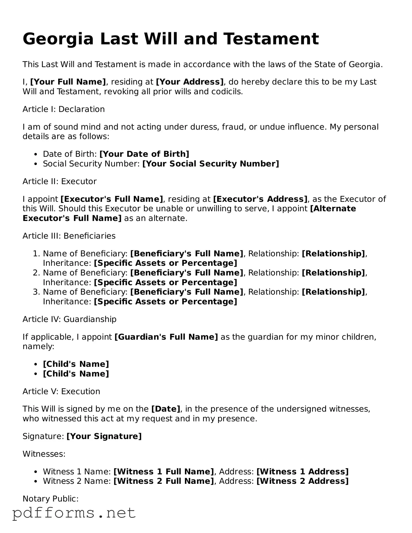 Free  Last Will and Testament Document for Georgia