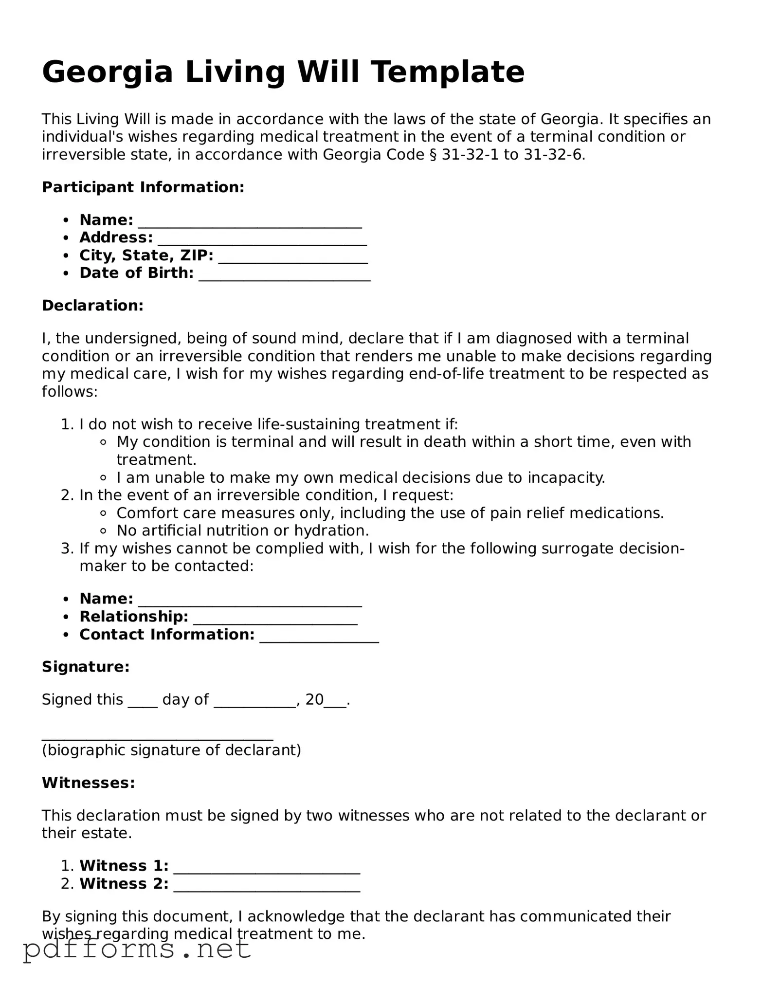 Free  Living Will Document for Georgia
