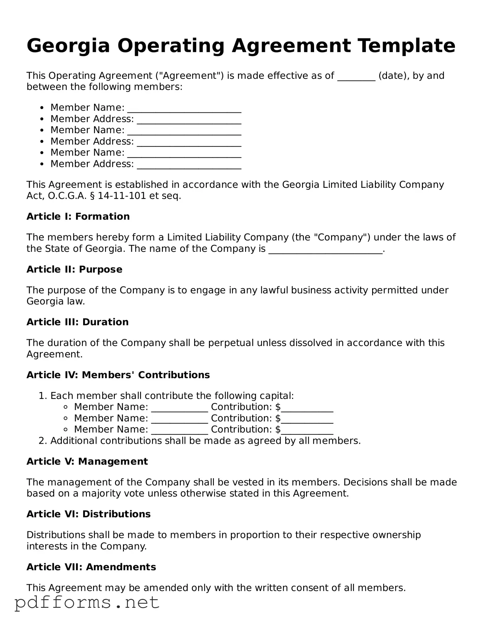 Free  Operating Agreement Document for Georgia