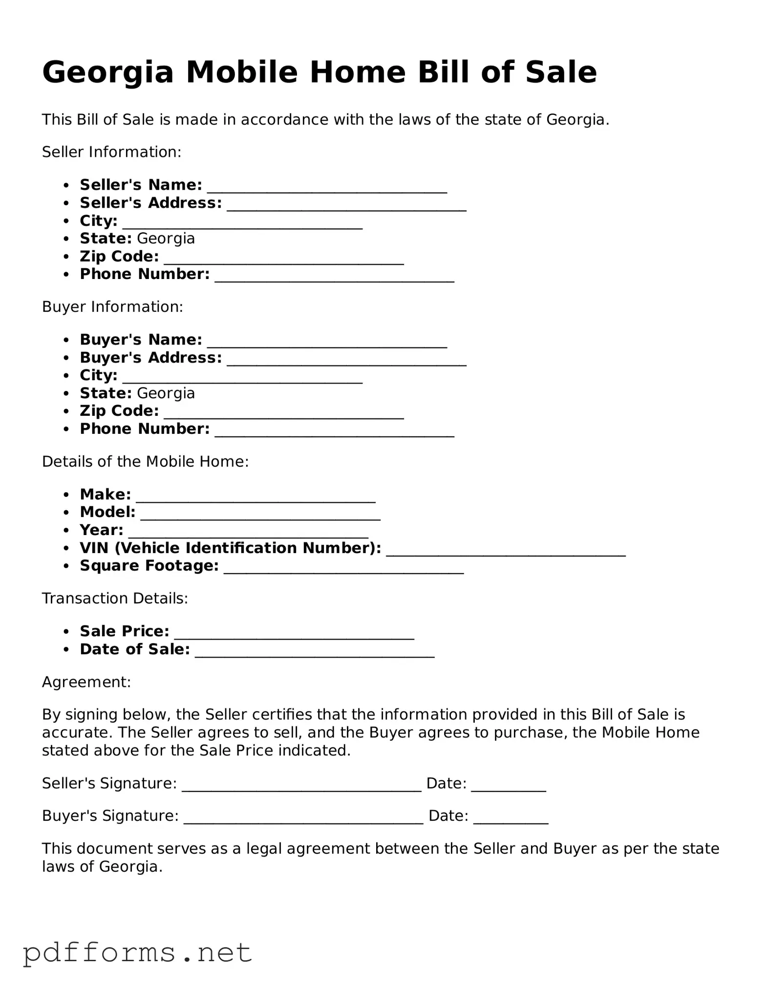 Free  Mobile Home Bill of Sale Document for Georgia