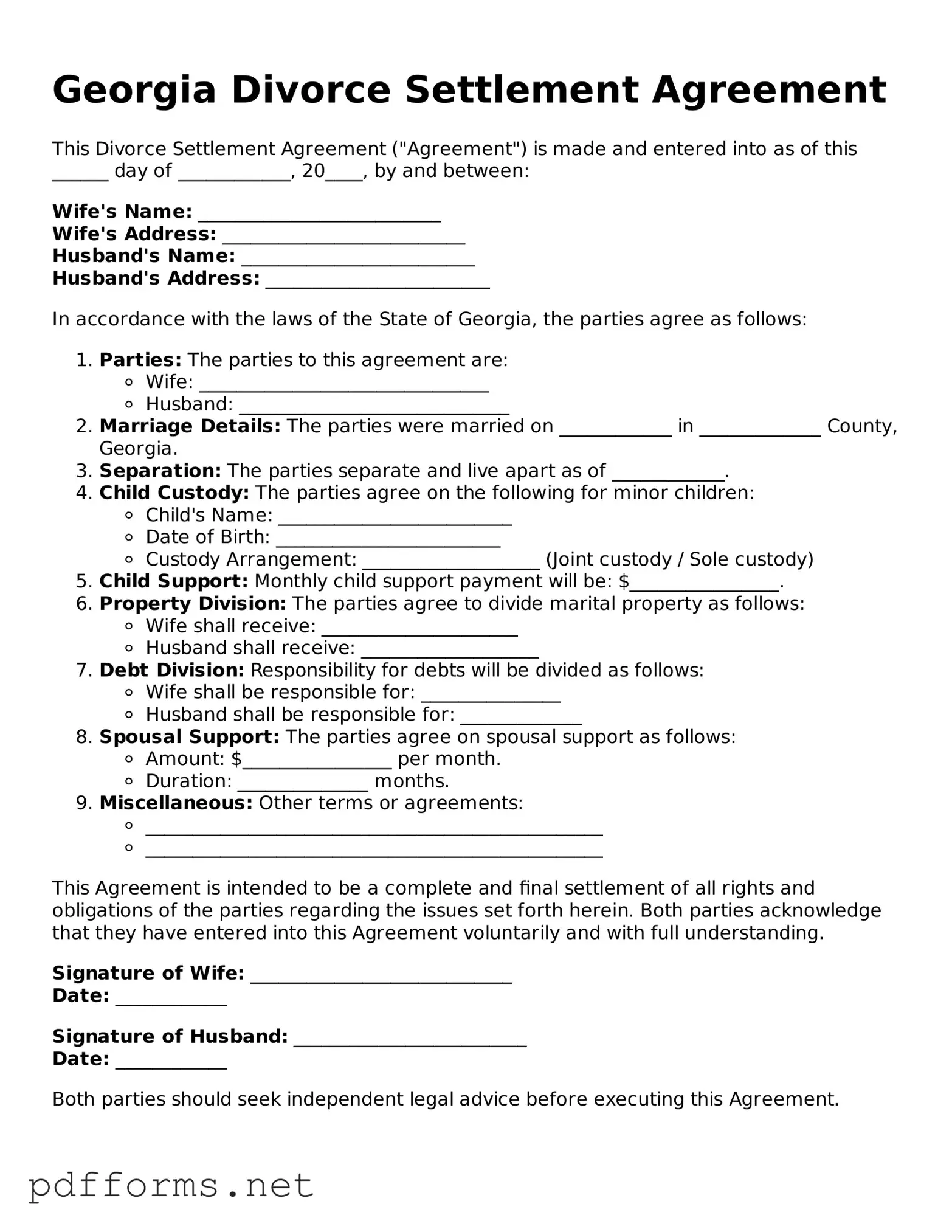 Free  Divorce Settlement Agreement Document for Georgia