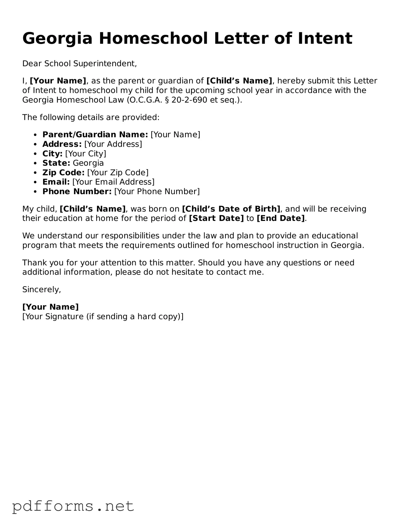 Free  Homeschool Letter of Intent Document for Georgia