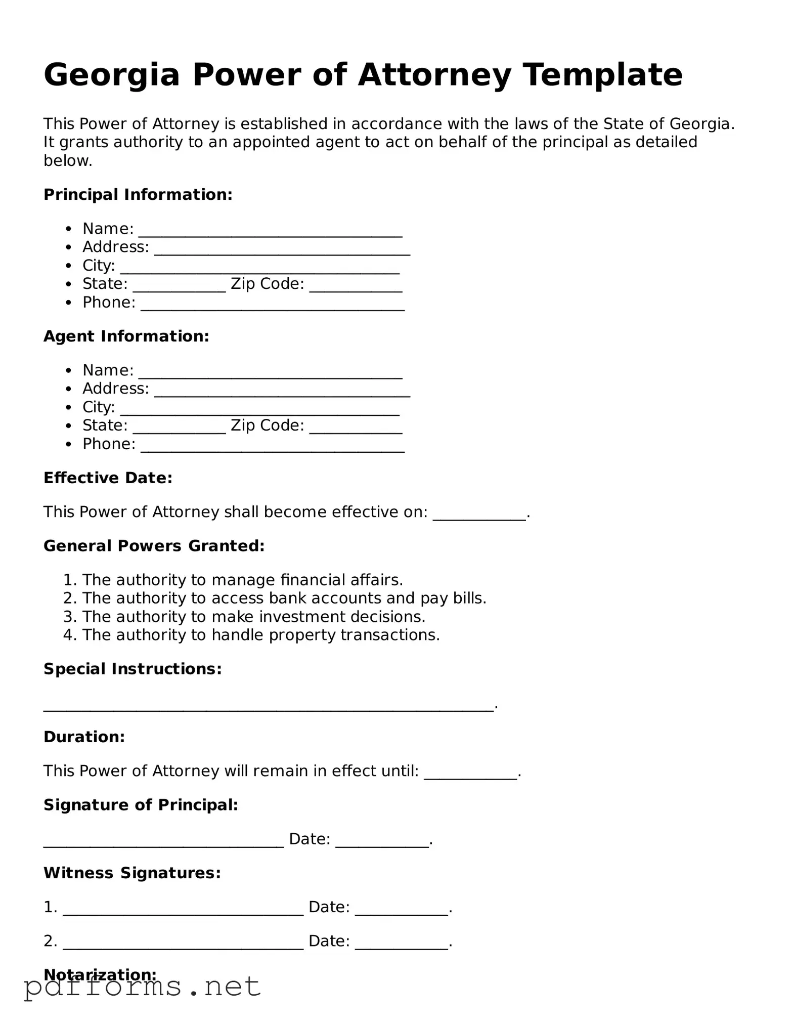 Free  Power of Attorney Document for Georgia