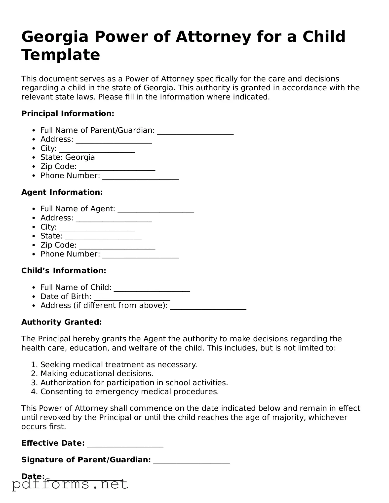 Free  Power of Attorney for a Child Document for Georgia