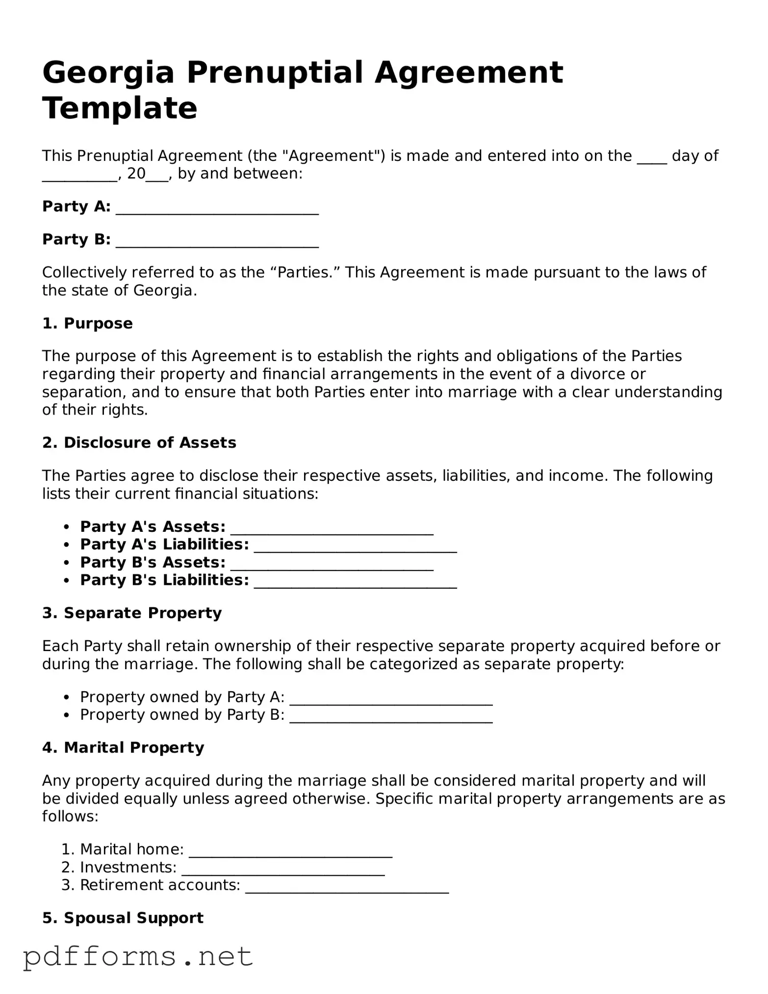 Free  Prenuptial Agreement Document for Georgia