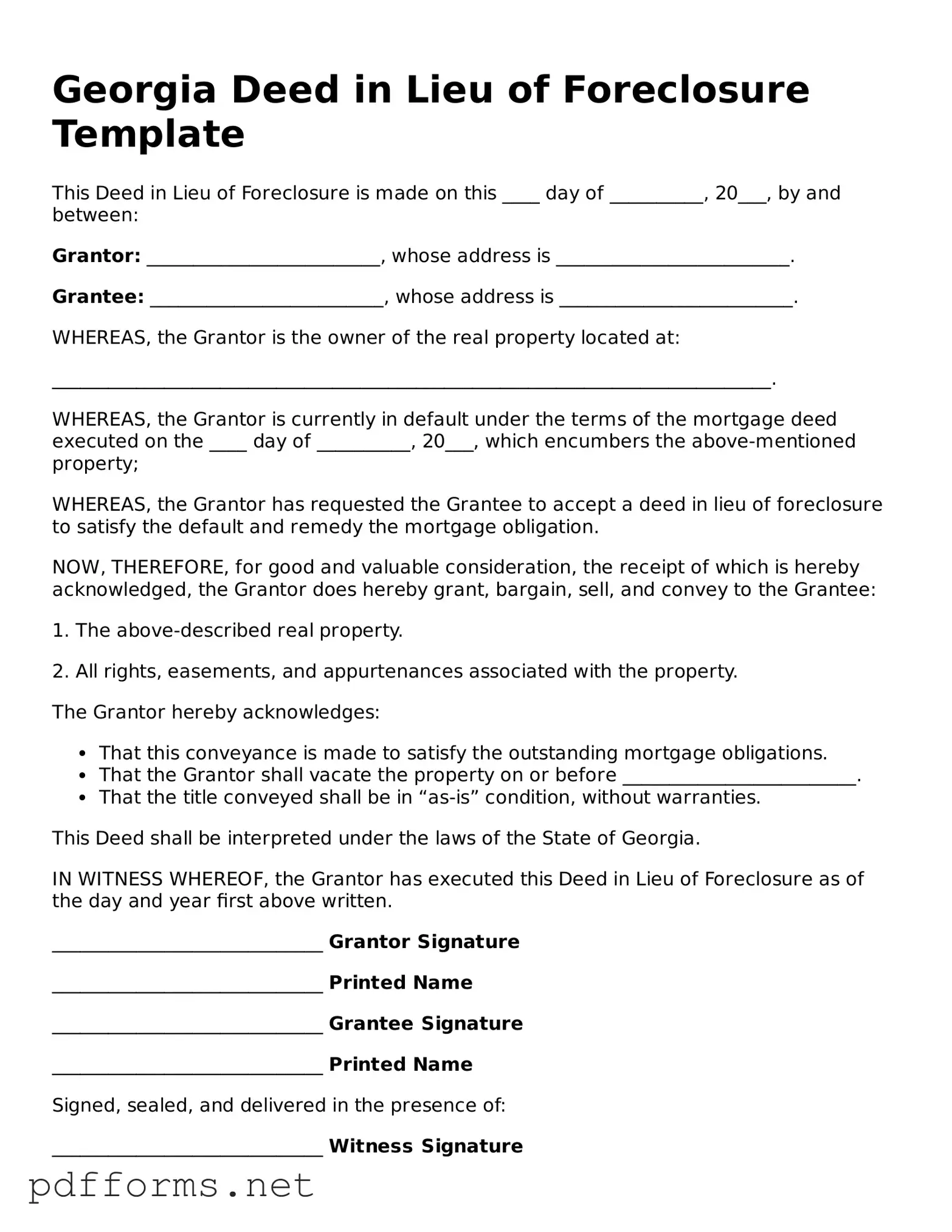 Free  Deed in Lieu of Foreclosure Document for Georgia