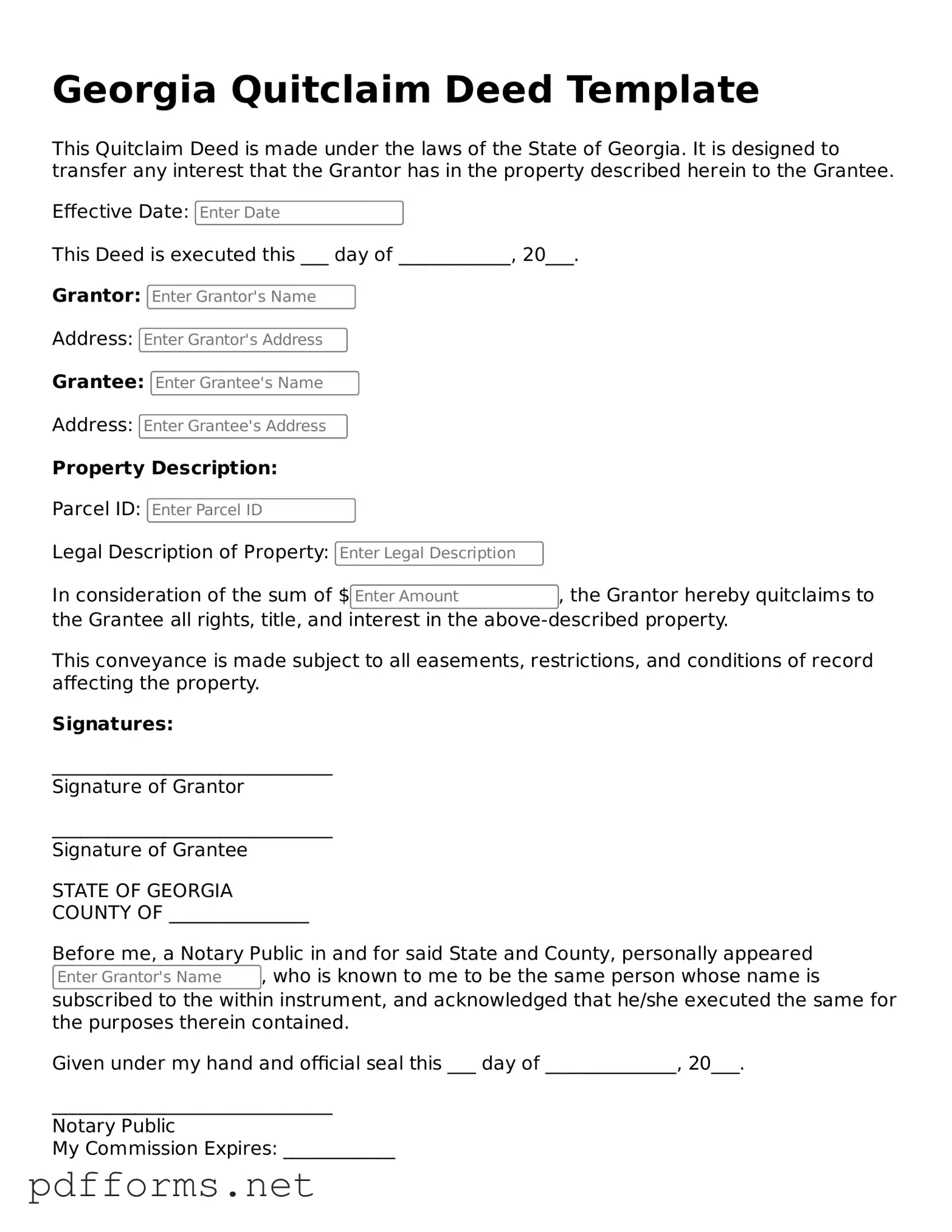 Free  Quitclaim Deed Document for Georgia