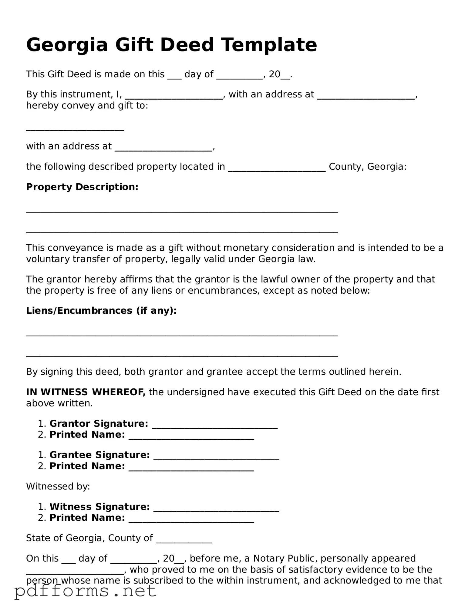 Free  Gift Deed Document for Georgia