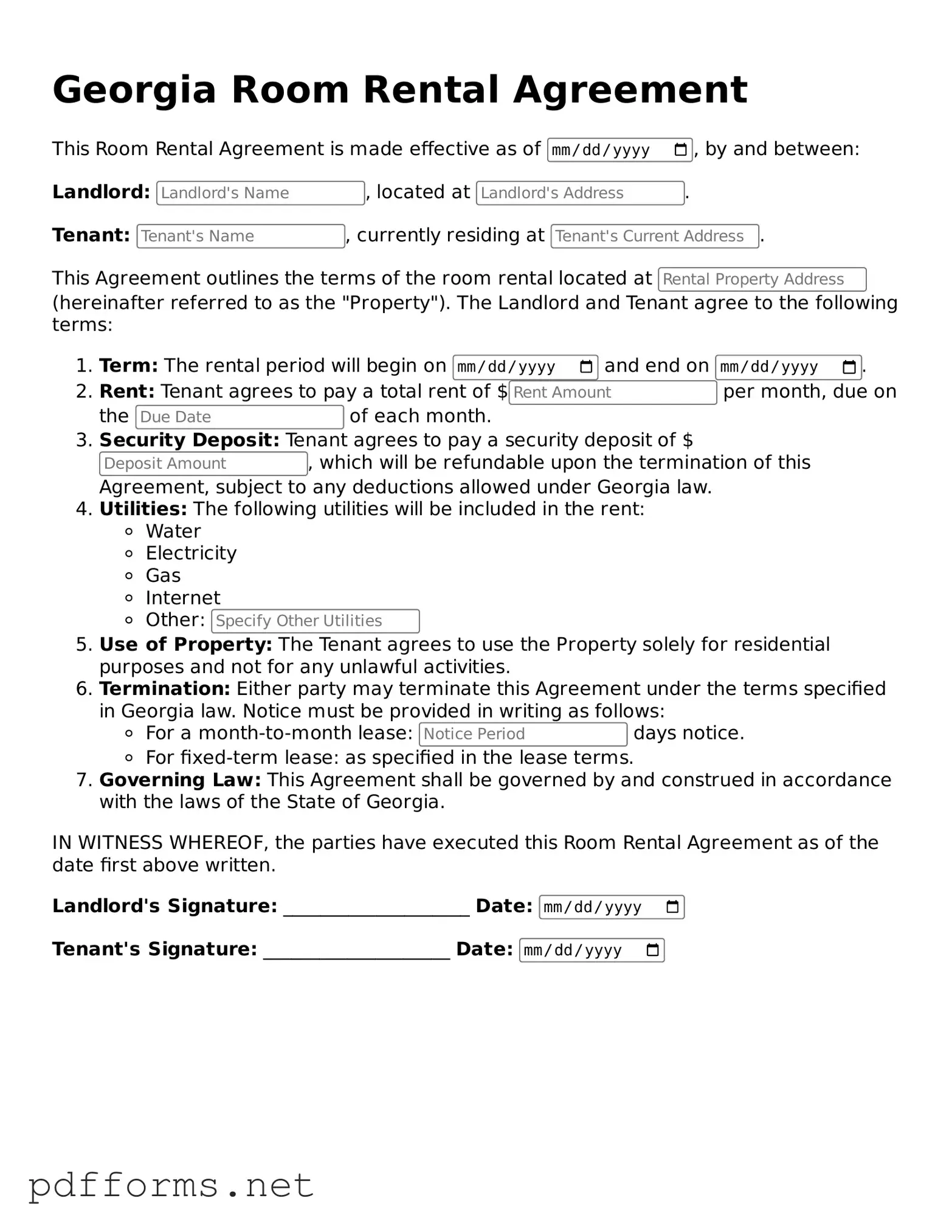 Free  Room Rental Agreement Document for Georgia