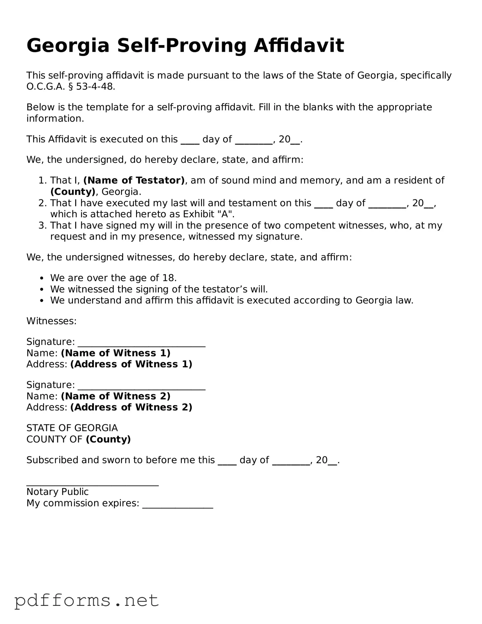 Free  Self-Proving Affidavit Document for Georgia