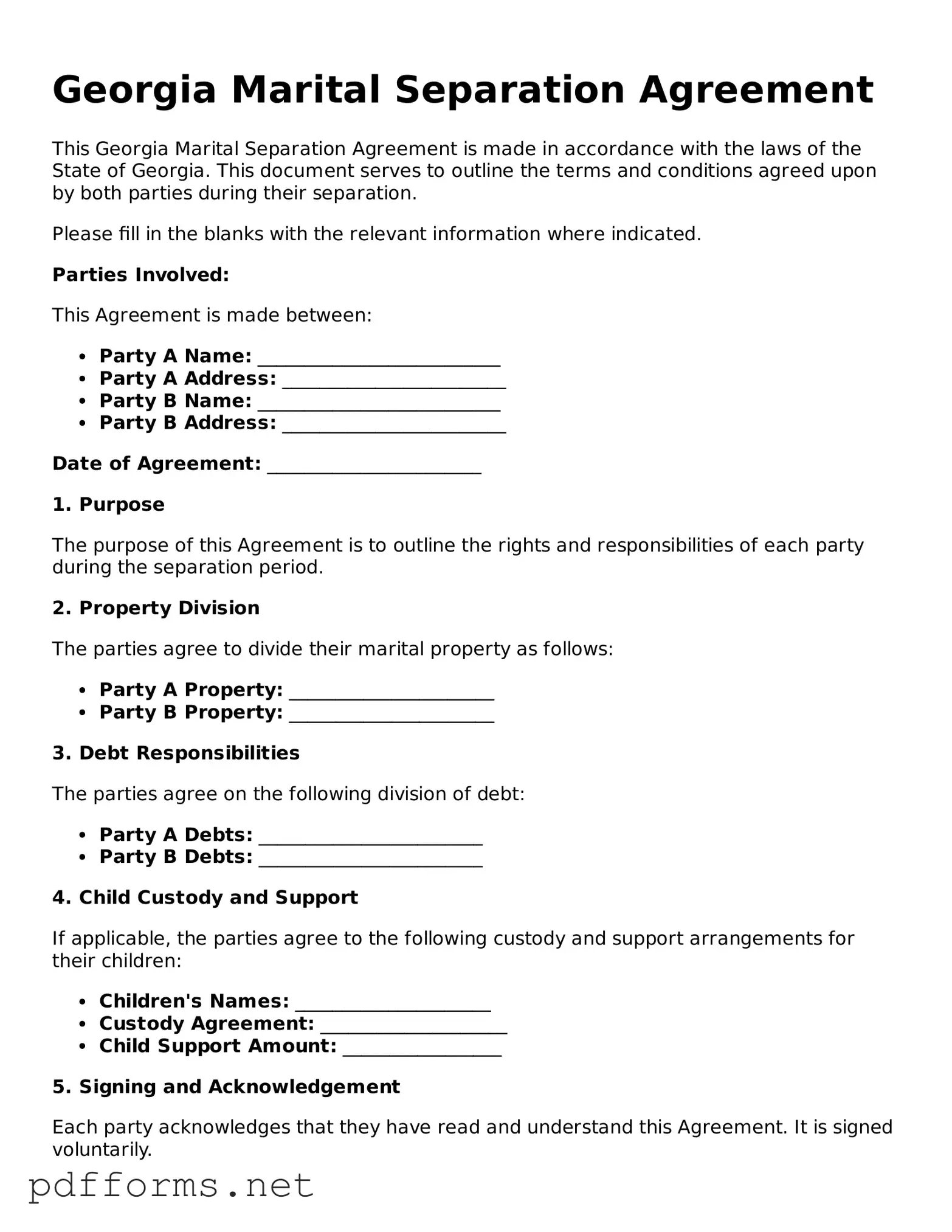 Free  Marital Separation Agreement Document for Georgia