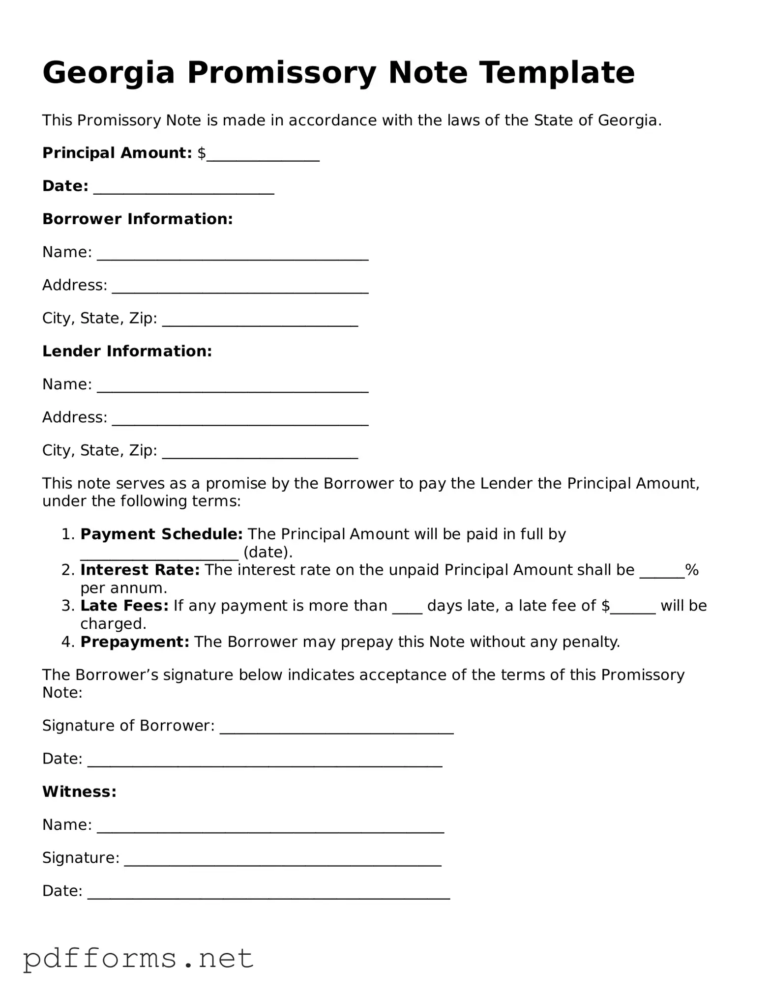 Free  Promissory Note Document for Georgia