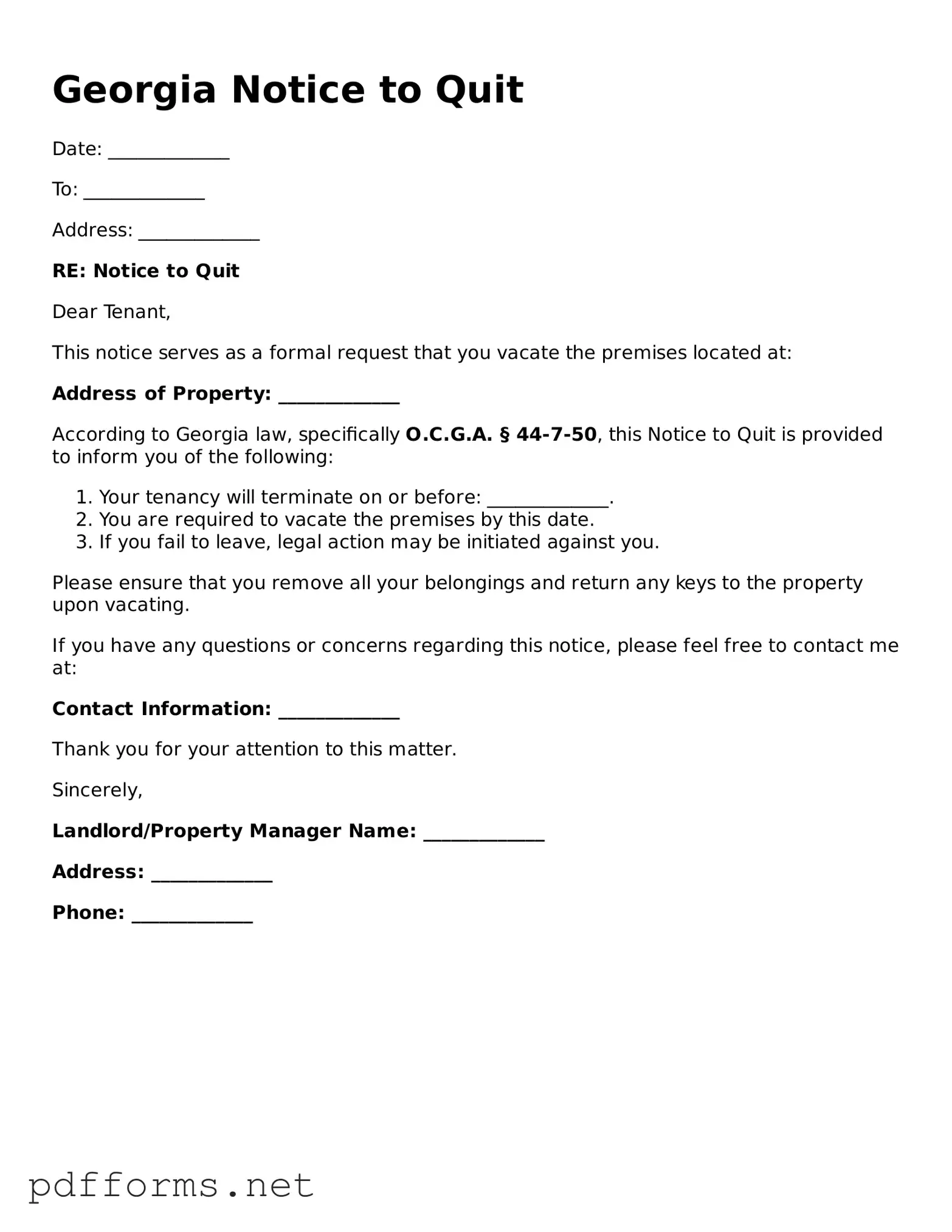Free  Notice to Quit Document for Georgia