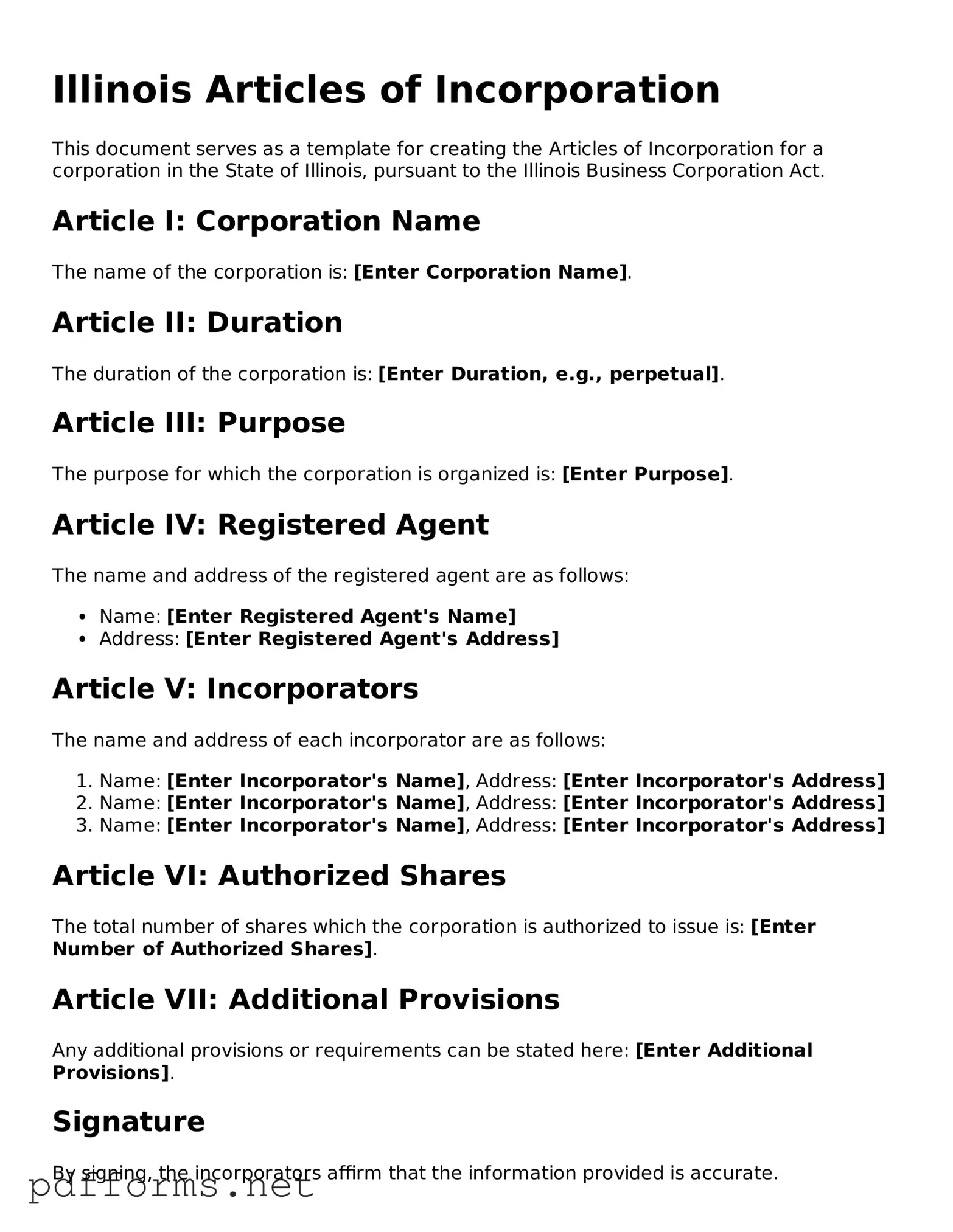 Free  Articles of Incorporation Document for Illinois