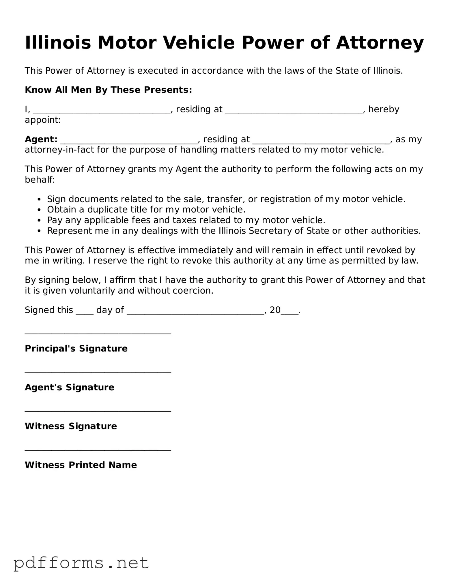 Free  Motor Vehicle Power of Attorney Document for Illinois