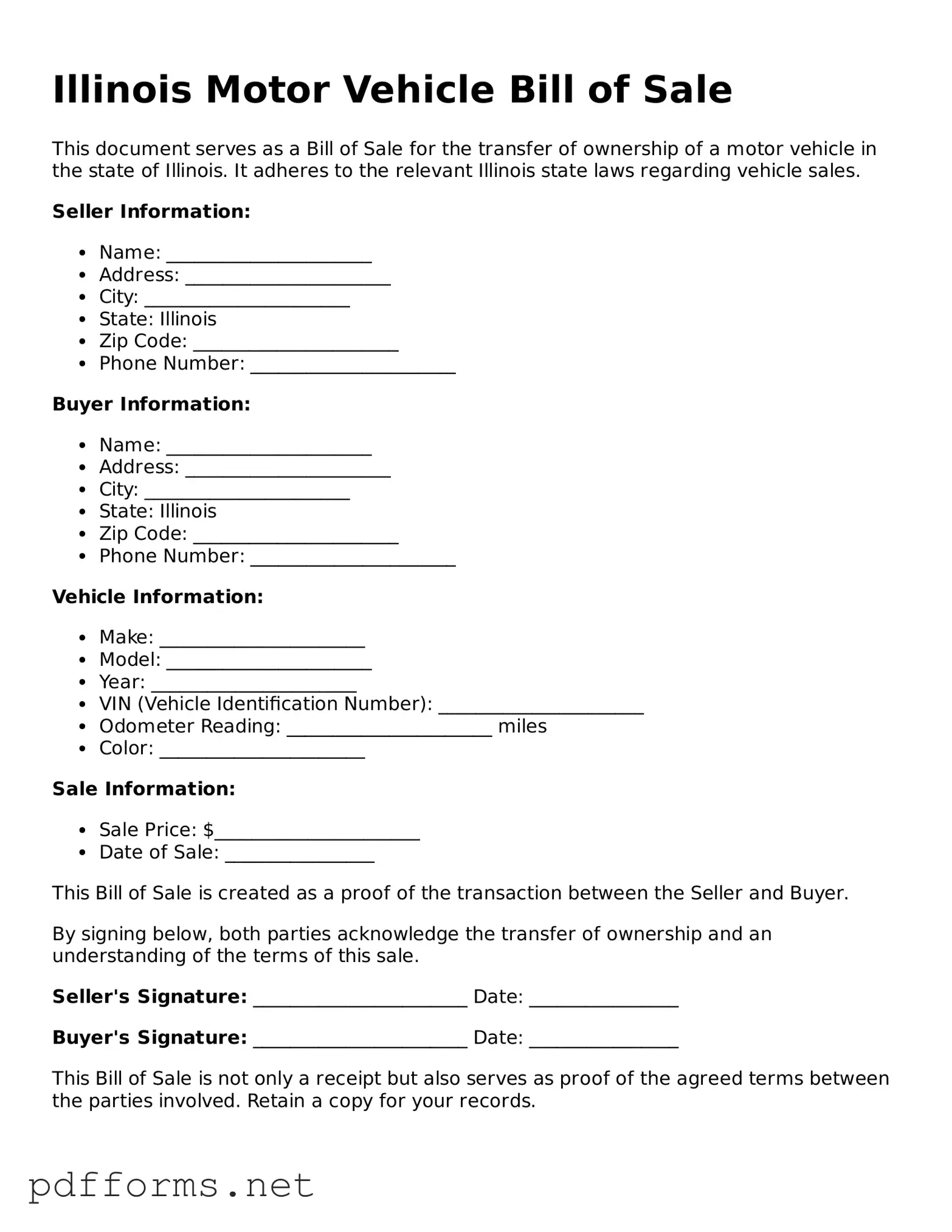 Free  Motor Vehicle Bill of Sale Document for Illinois