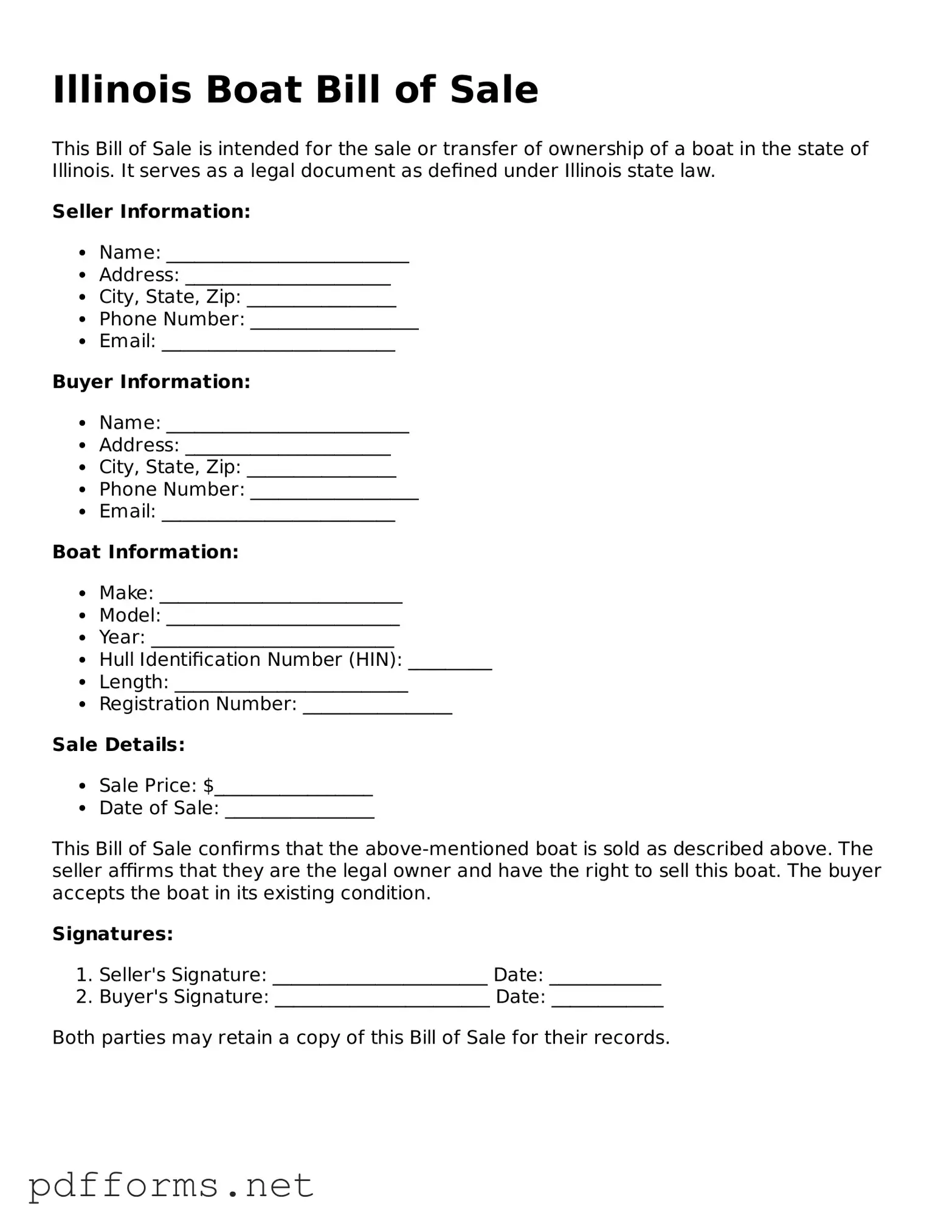 Free  Boat Bill of Sale Document for Illinois