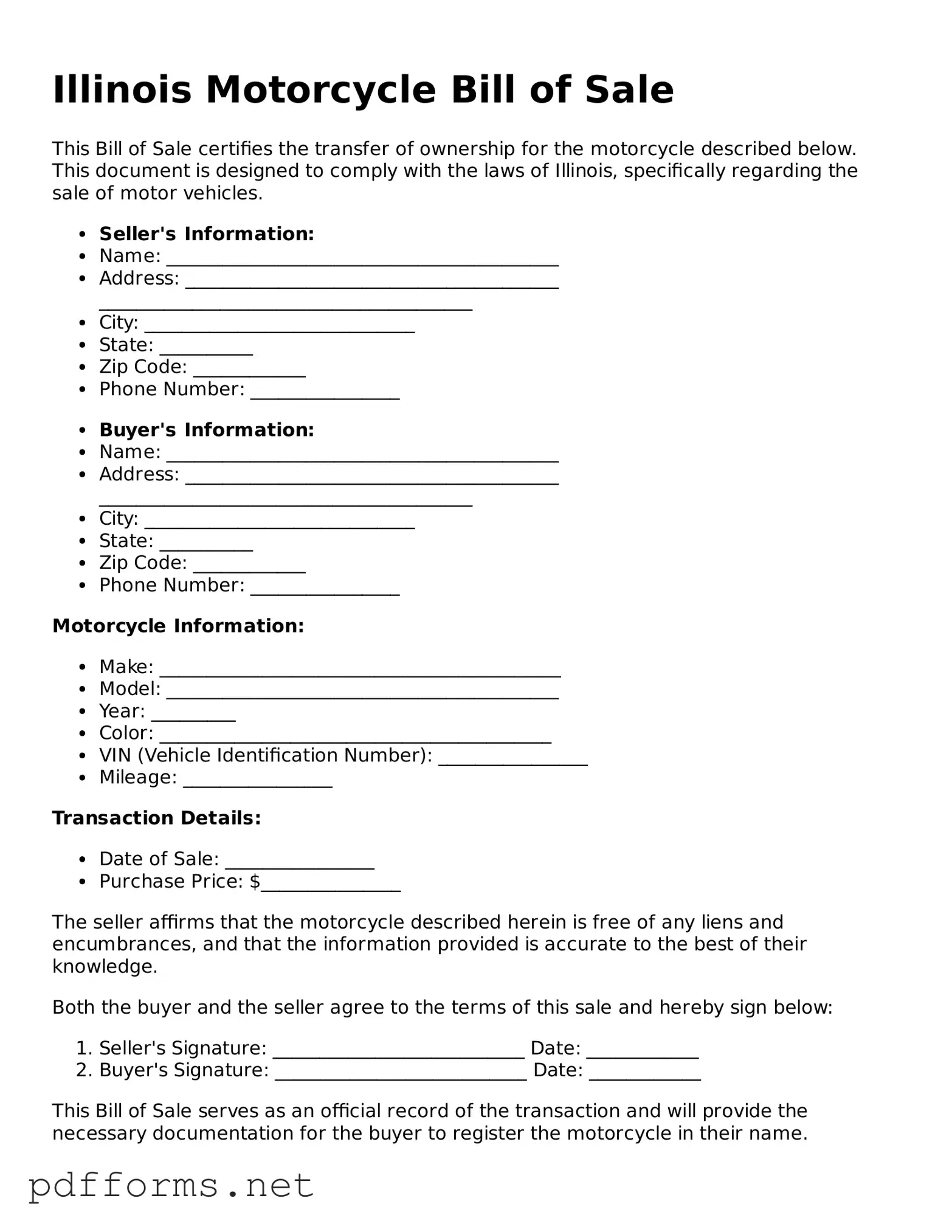 Free  Motorcycle Bill of Sale Document for Illinois