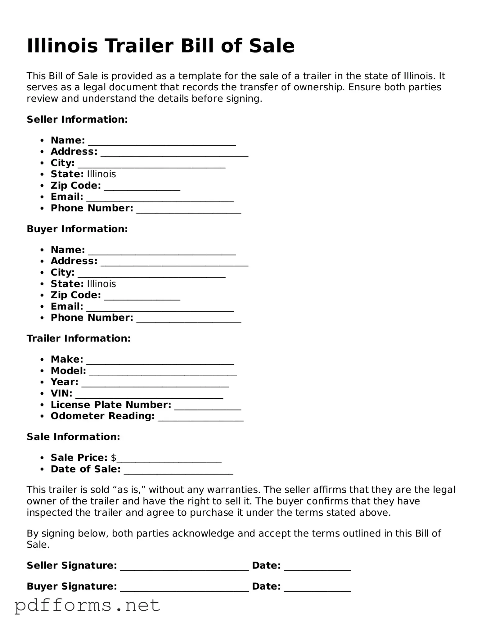 Free  Trailer Bill of Sale Document for Illinois