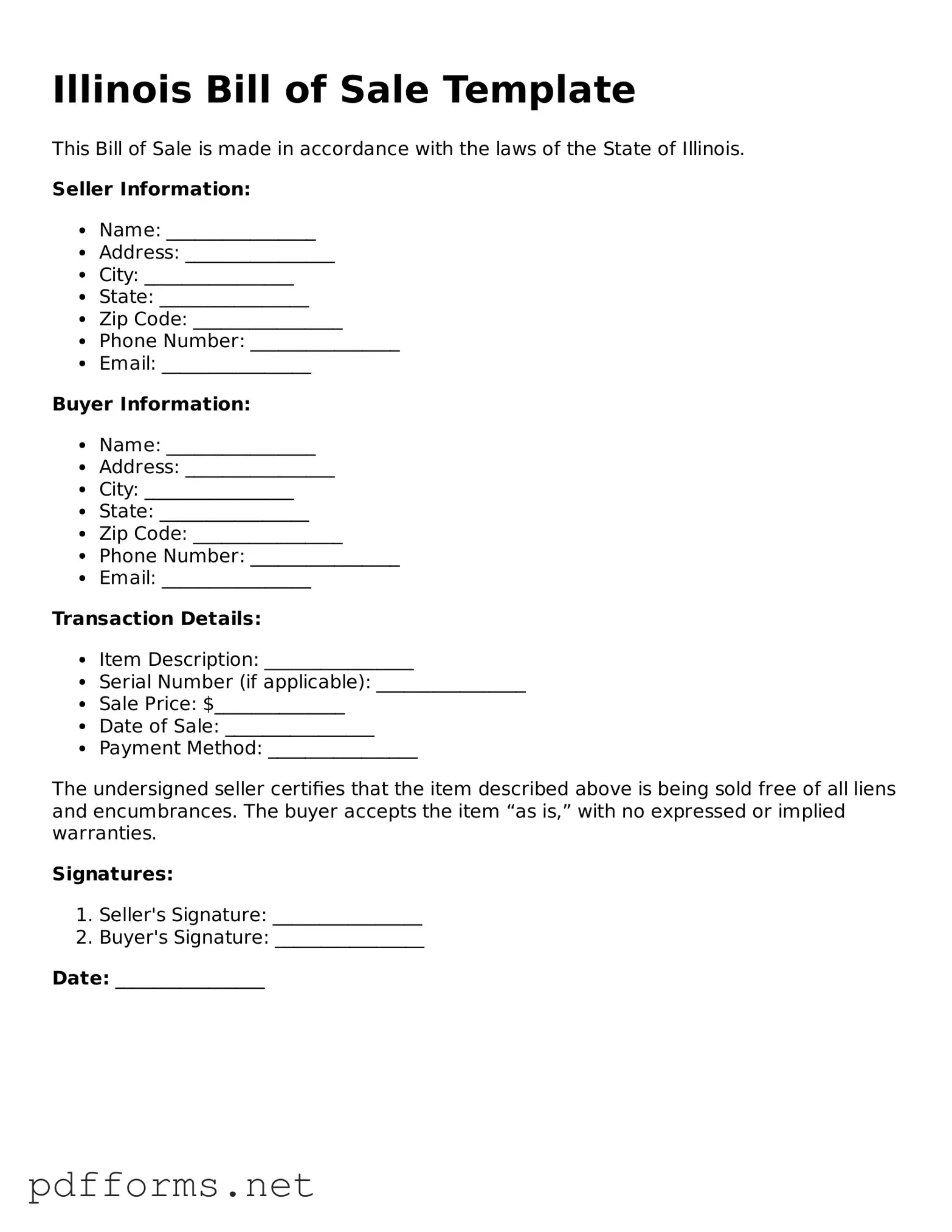 Free  Bill of Sale Document for Illinois