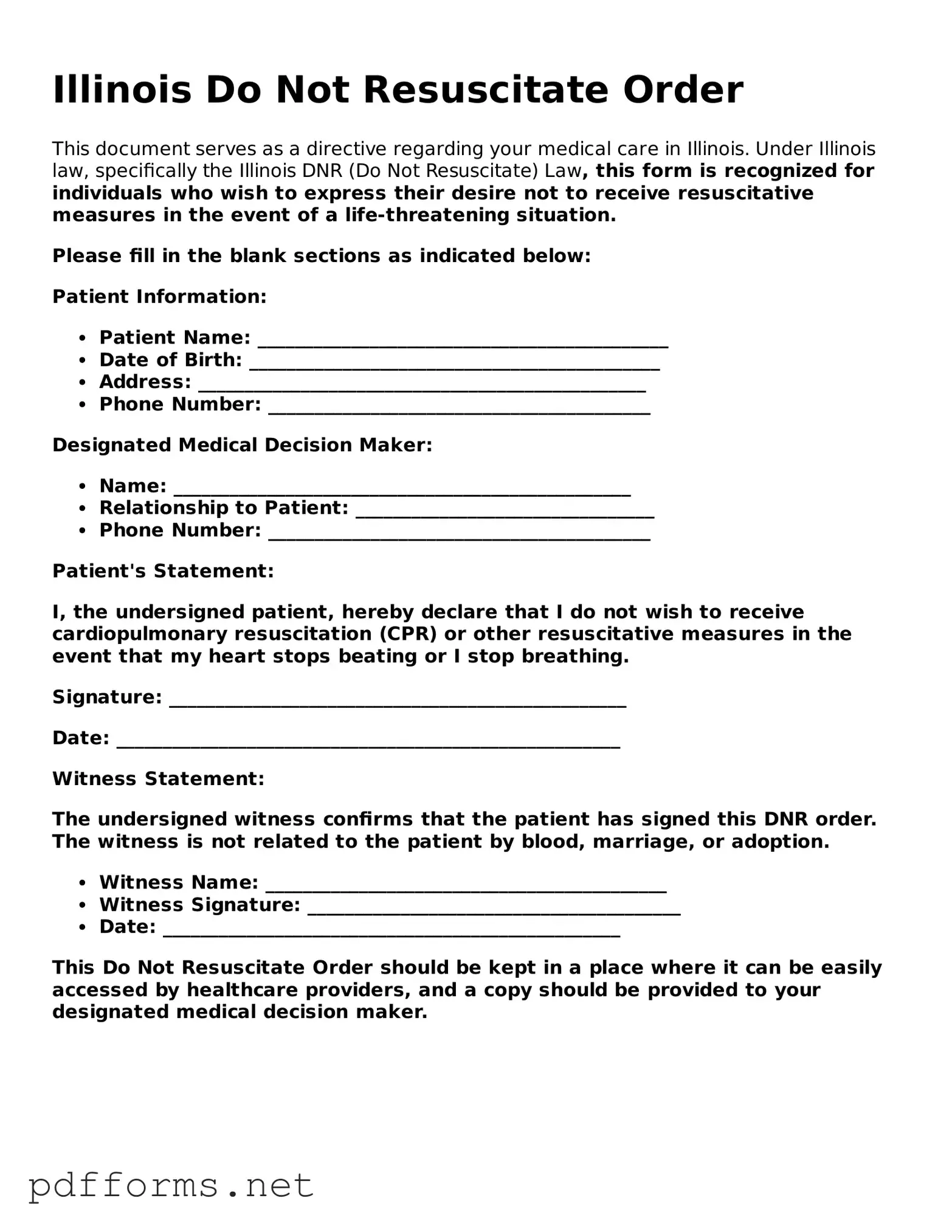 Free  Do Not Resuscitate Order Document for Illinois