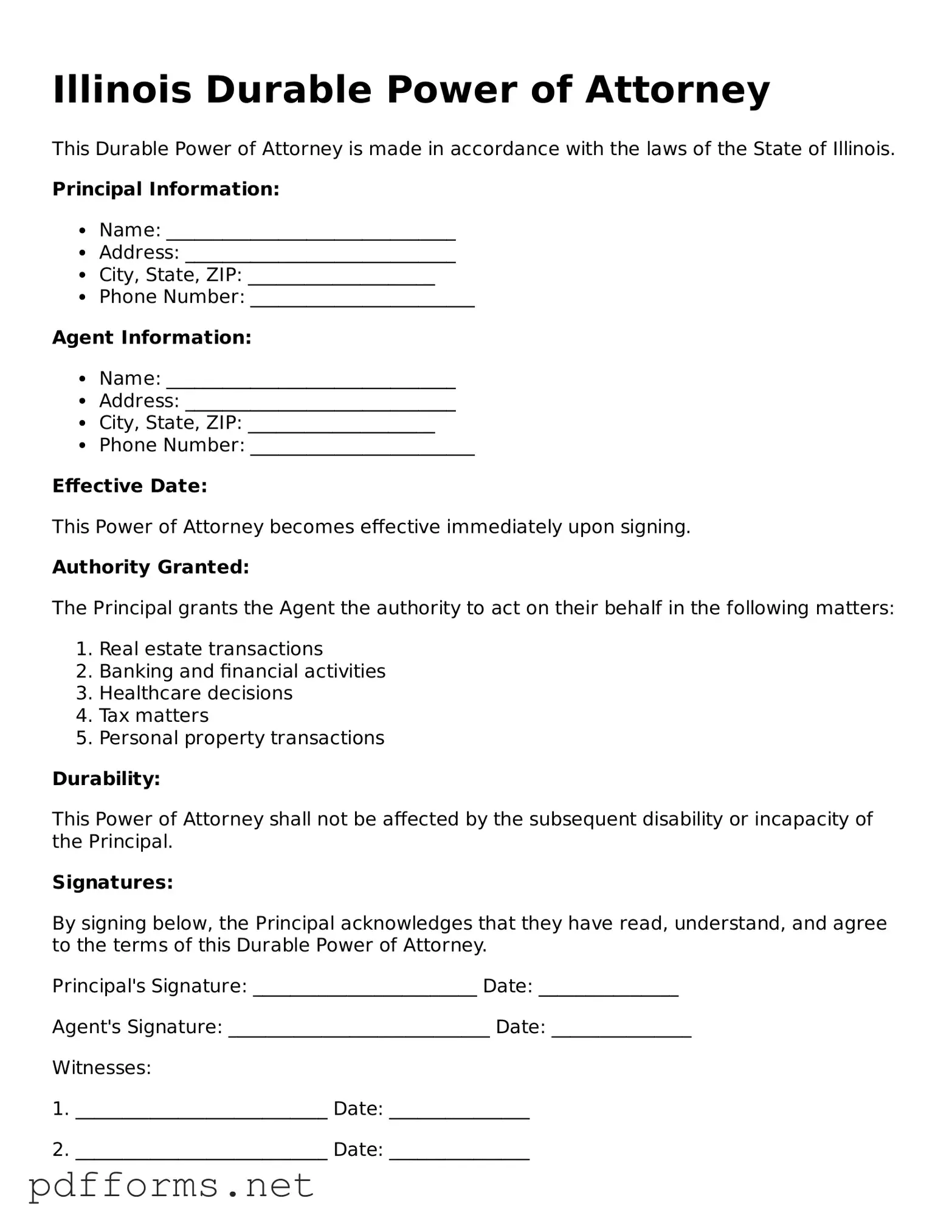 Free  Durable Power of Attorney Document for Illinois