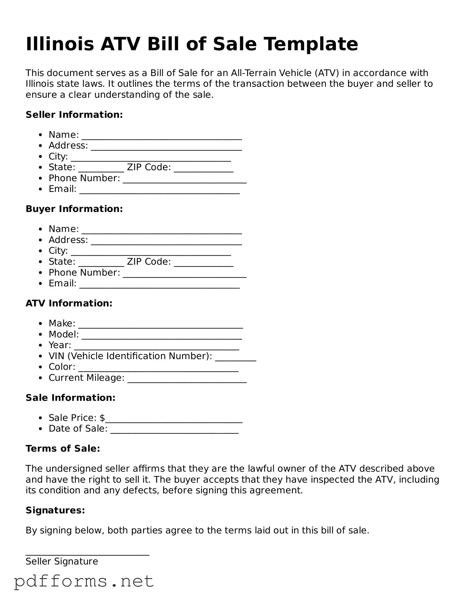 Free  ATV Bill of Sale Document for Illinois