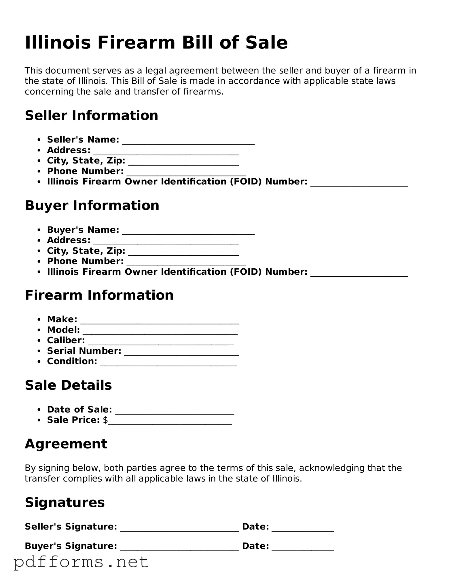 Free  Firearm Bill of Sale Document for Illinois