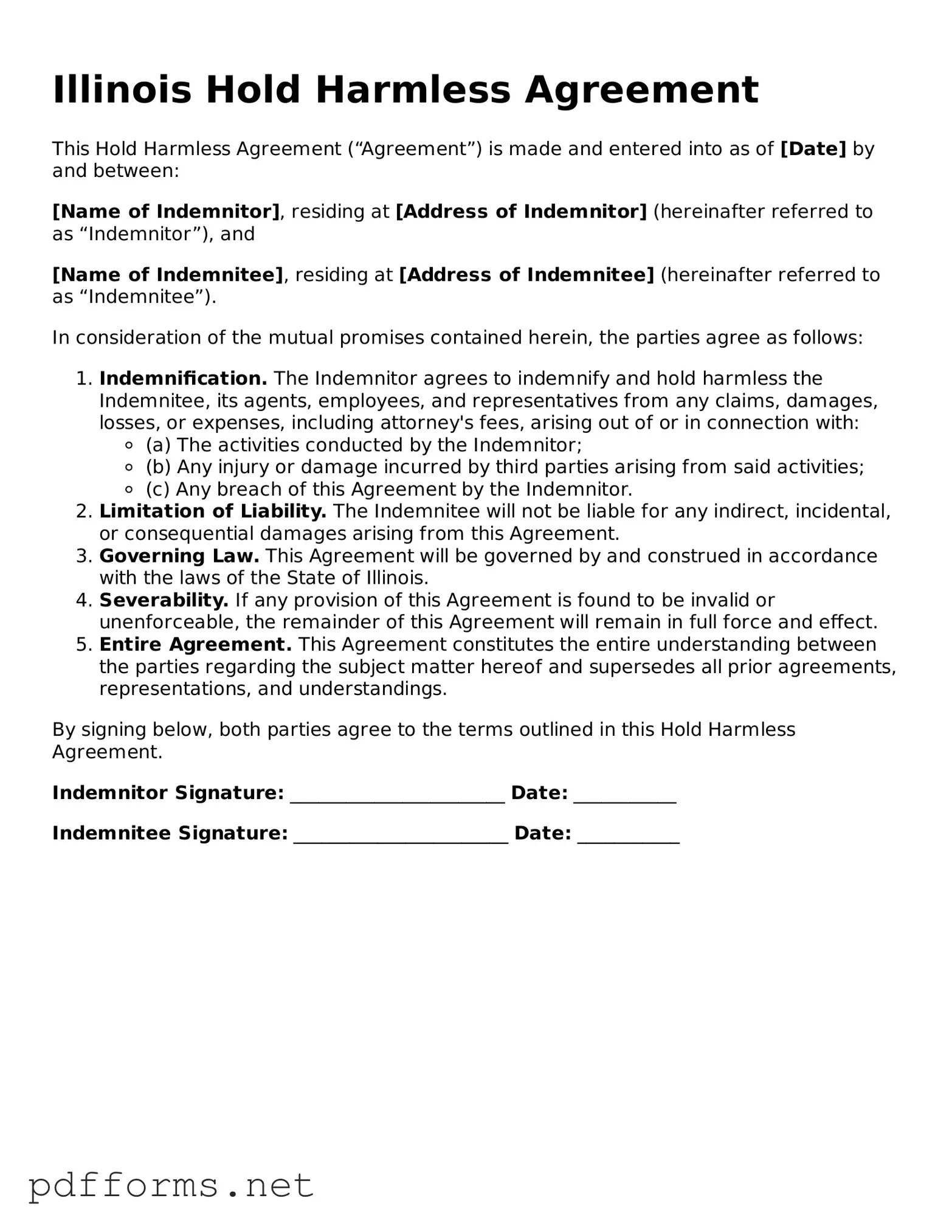 Free  Hold Harmless Agreement Document for Illinois
