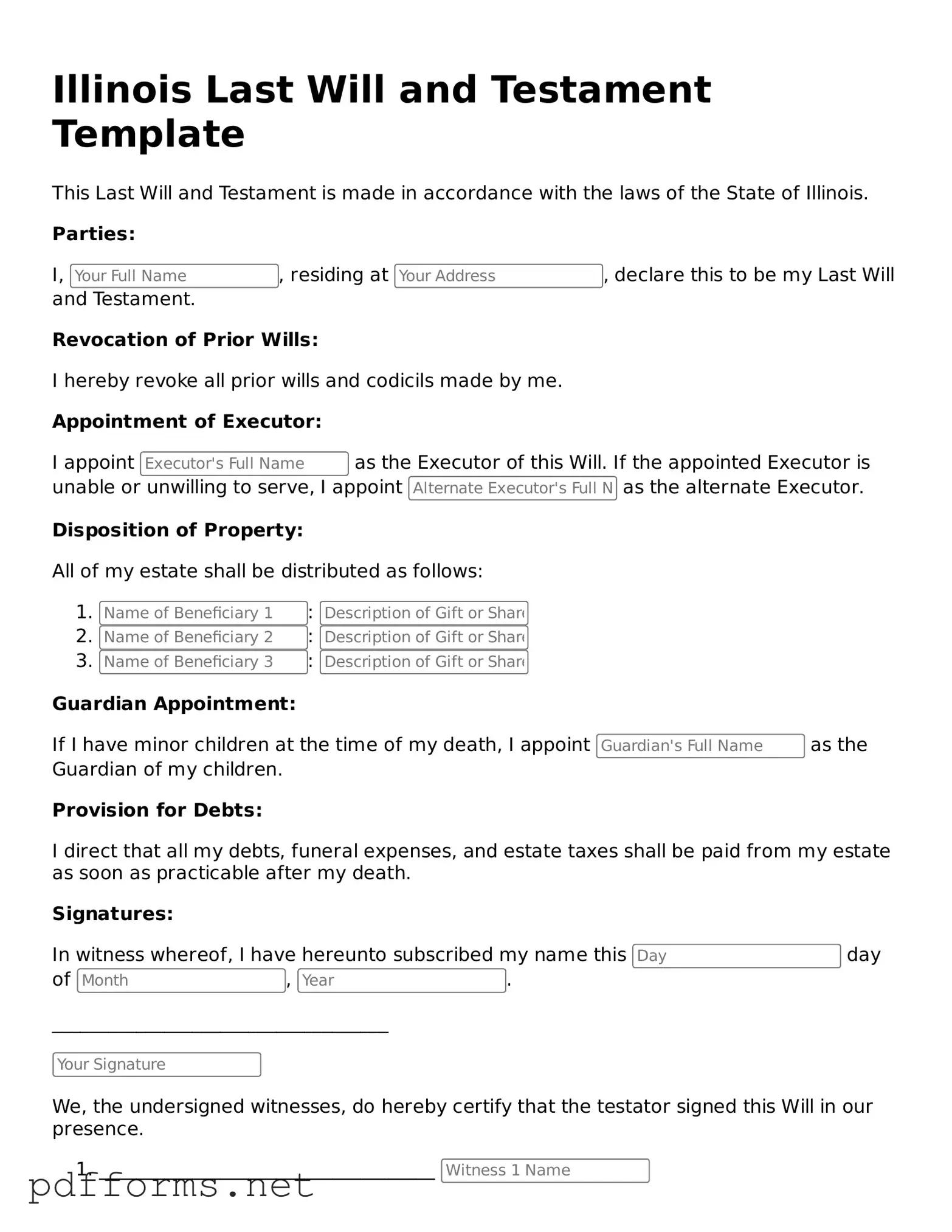 Free  Last Will and Testament Document for Illinois