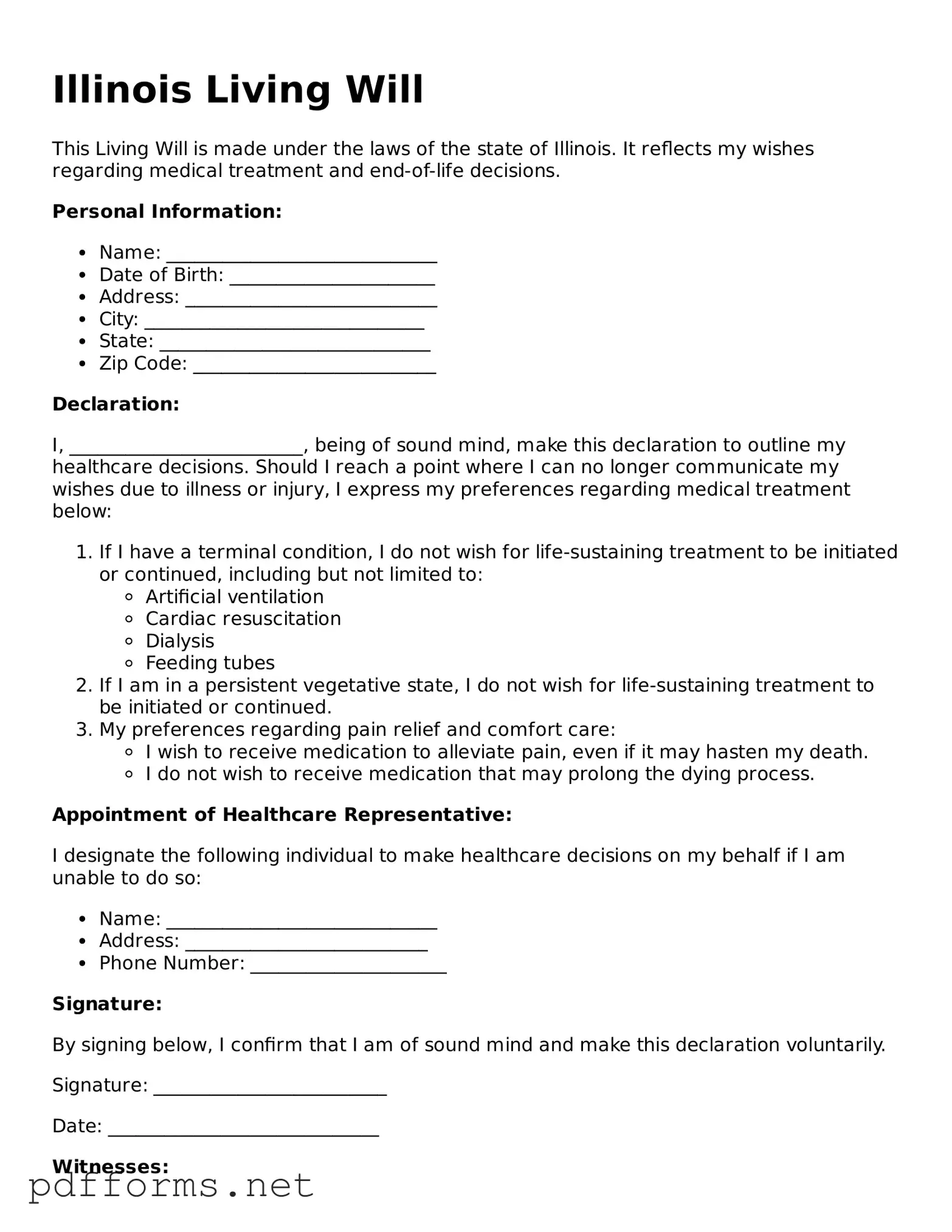 Free  Living Will Document for Illinois